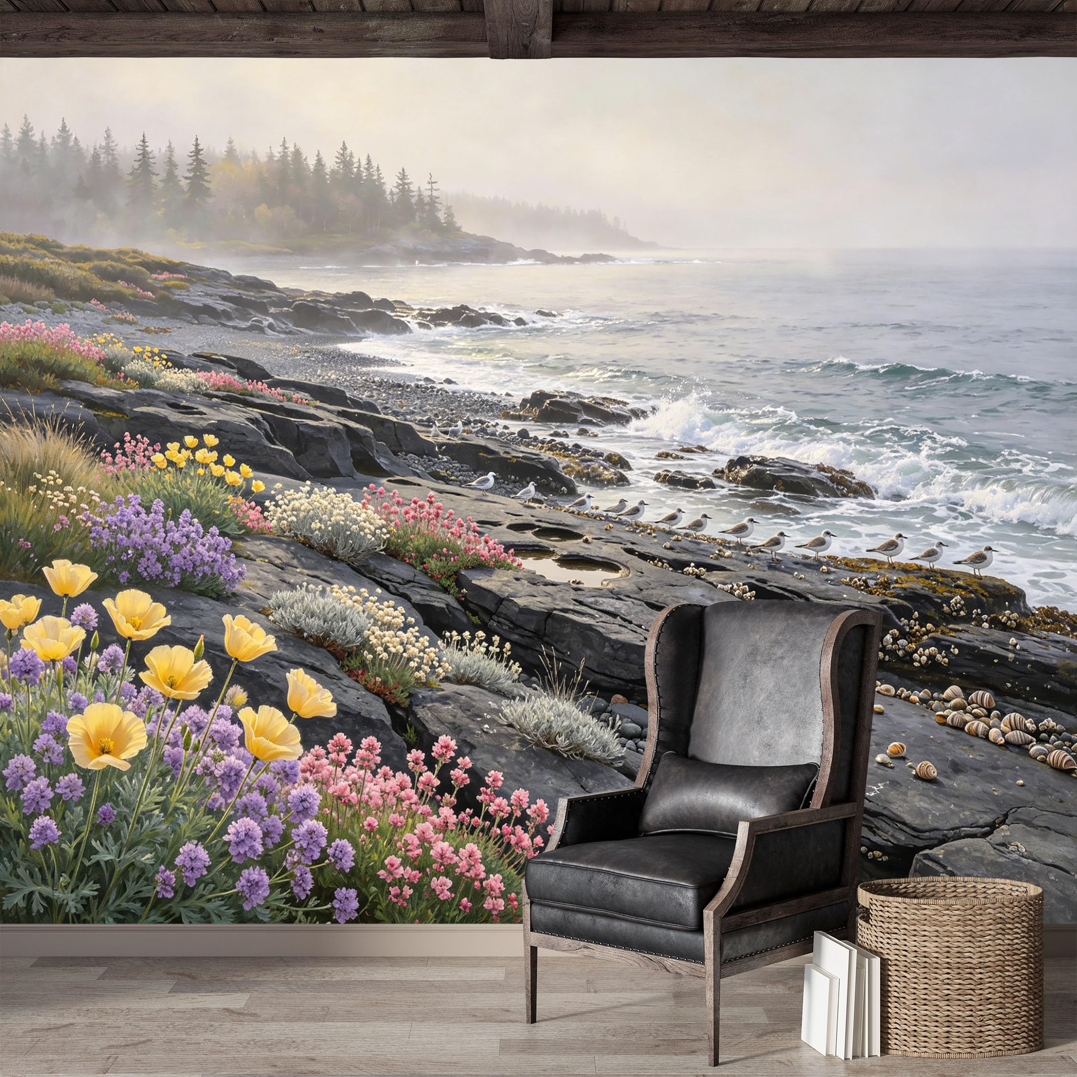Custom Size Wall Mural,Coastal Rocky Seascape Oil Painting Premium Water Activated SelfAdhesive Wallpaper,Removable Wall Covering for Indoor Home Decor
