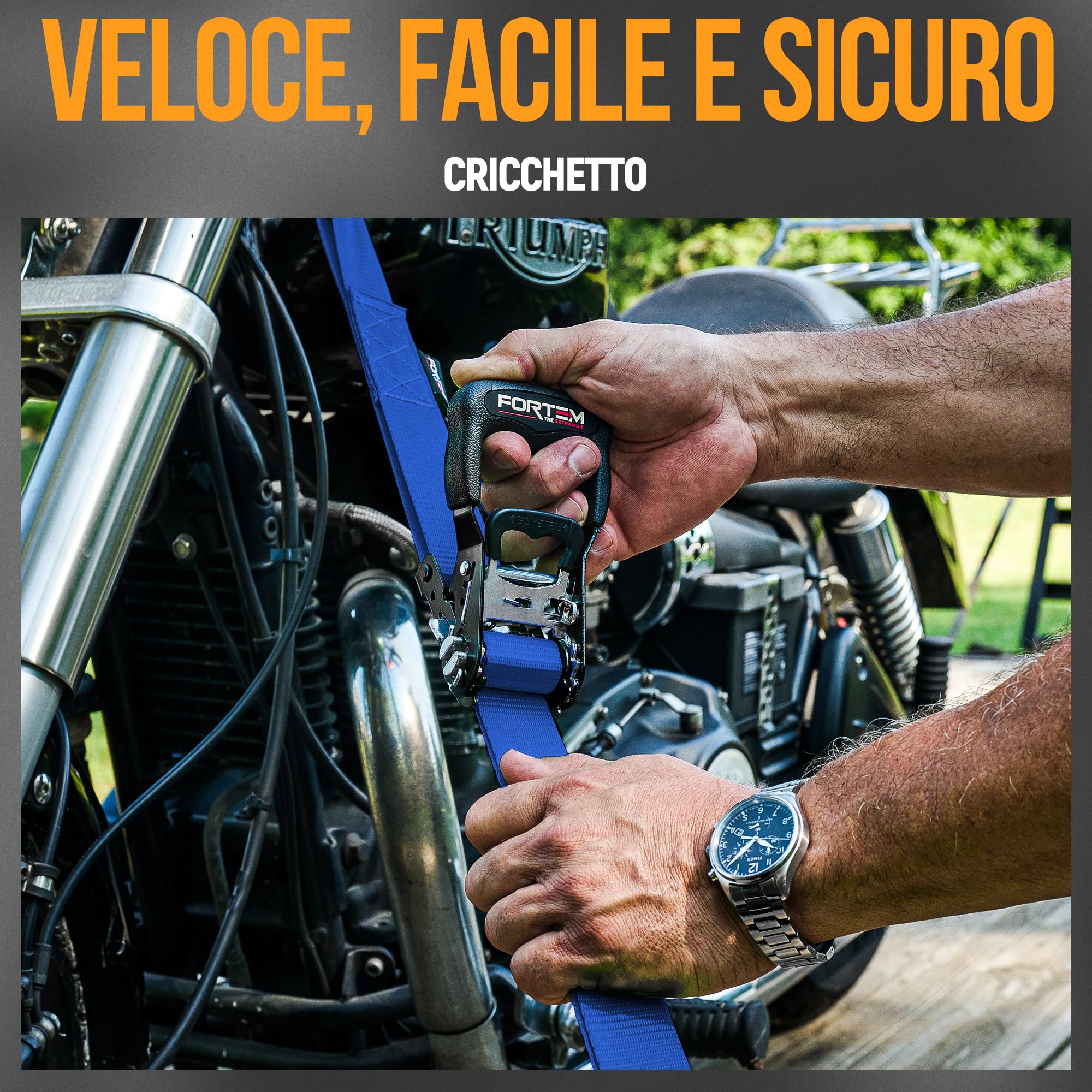 FORTEM Cinghie a Cricchetto, Resistenza fino a 2362 Kg, Set da 4 Cinghie di Fissaggio da 3,05 m, 4 Maniglie Morbide, Cinghie Fissaggio per Moto, Ganci in Metallo Rivestiti, Custodia Inclusa (Blu)