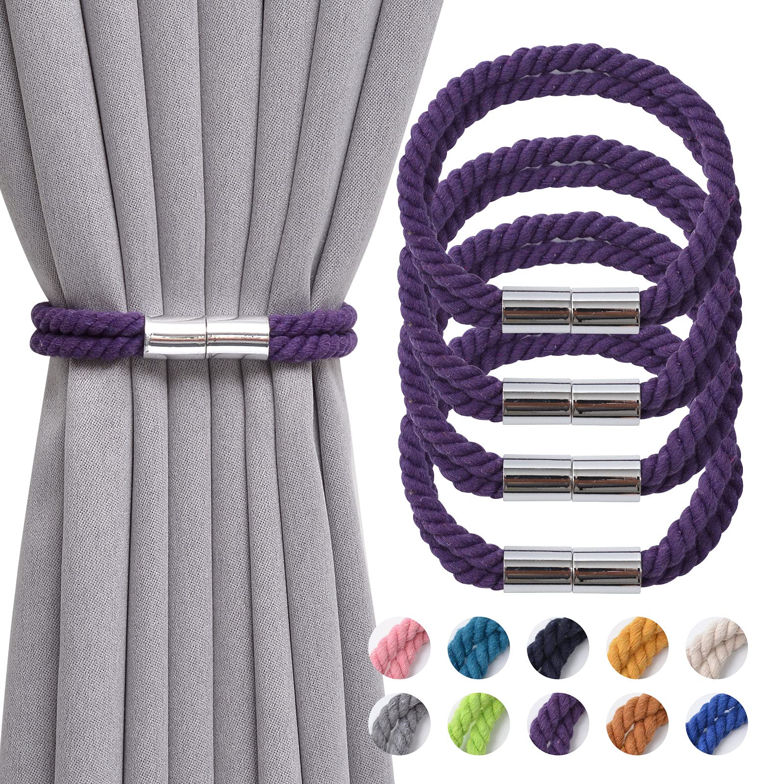 Pretty Jolly Starke magnetische Vorhang-Raffhalter, modern, schlichter Stil, Raffhalter, doppeltes Hanfseil, violett, 4 Stück