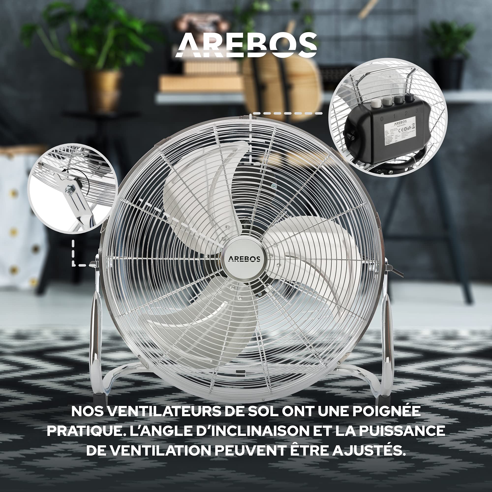 AREBOS Ventilateur de sol | 46cm | 120 W |18 pouces | 3 niveaux de vitesse | angle d'inclinaison réglable | Argenté
