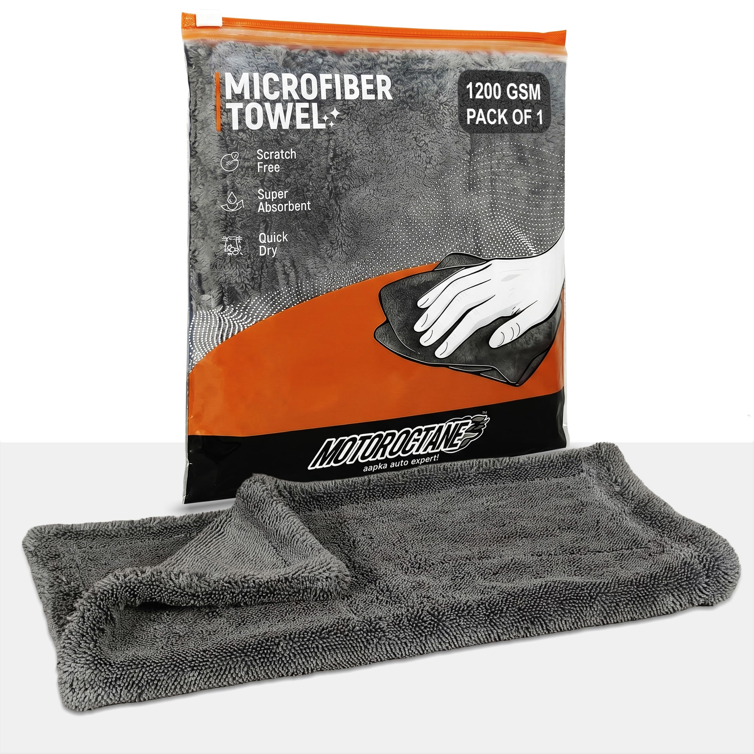 MOTOROCTANE Microfiber Car Cleaning Cloth 1200 GSM | Thick Dual-Sided Towel for Car & Bike | 40x40 cm | Multipurpose Ultra-Soft Edgeless, Lint-Free, Scratch-Free, Fast-Drying, Reusable | Pack of 1