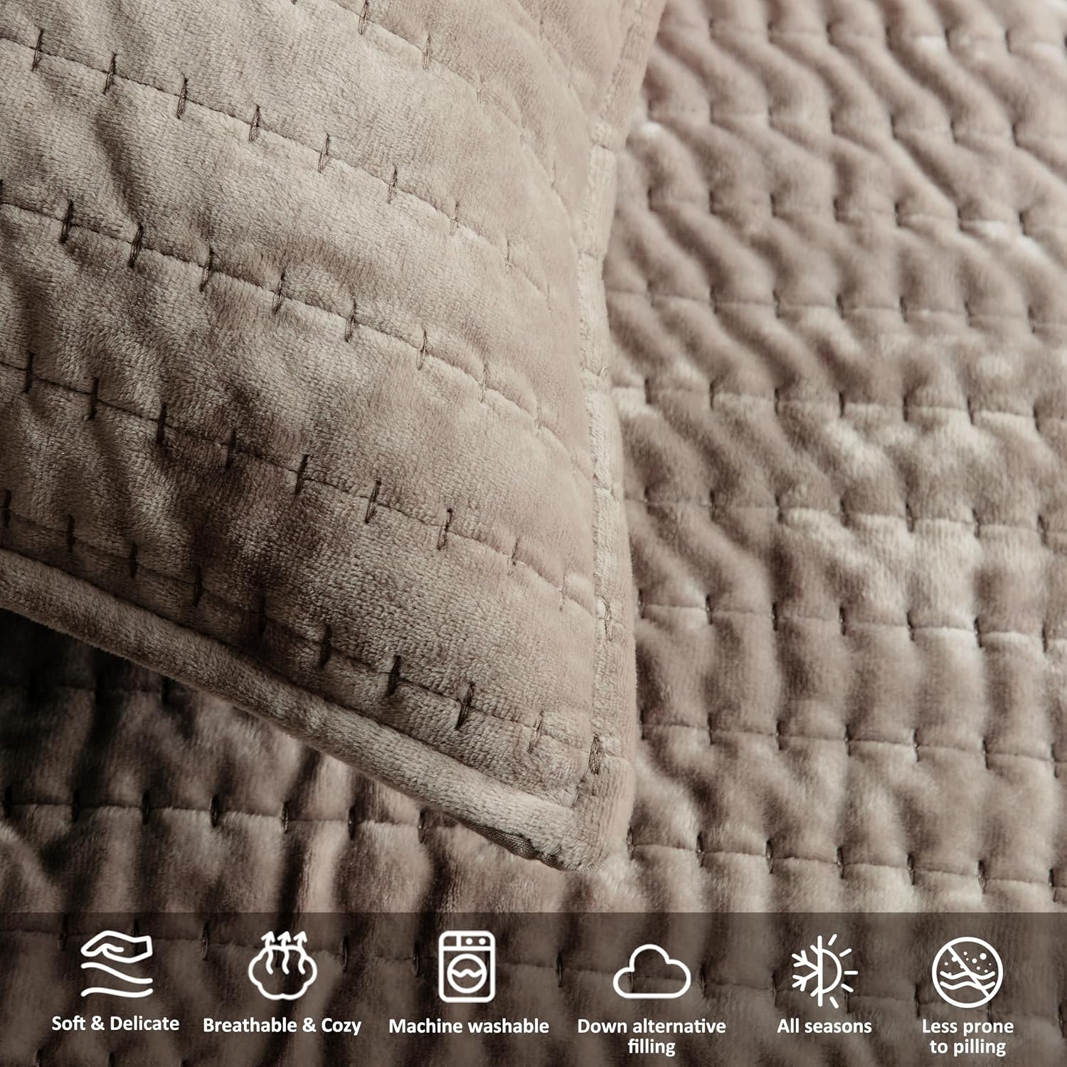 WDCOZY Velvet King Size Quilt Set - Brown Taupe Tan Camel Striped Pick Stitch Soft Lightweight Bedspread, Channel Farmhouse Country Rustic Coverlet, Modern Bedding Warm Thin Comforter, 3 Pieces