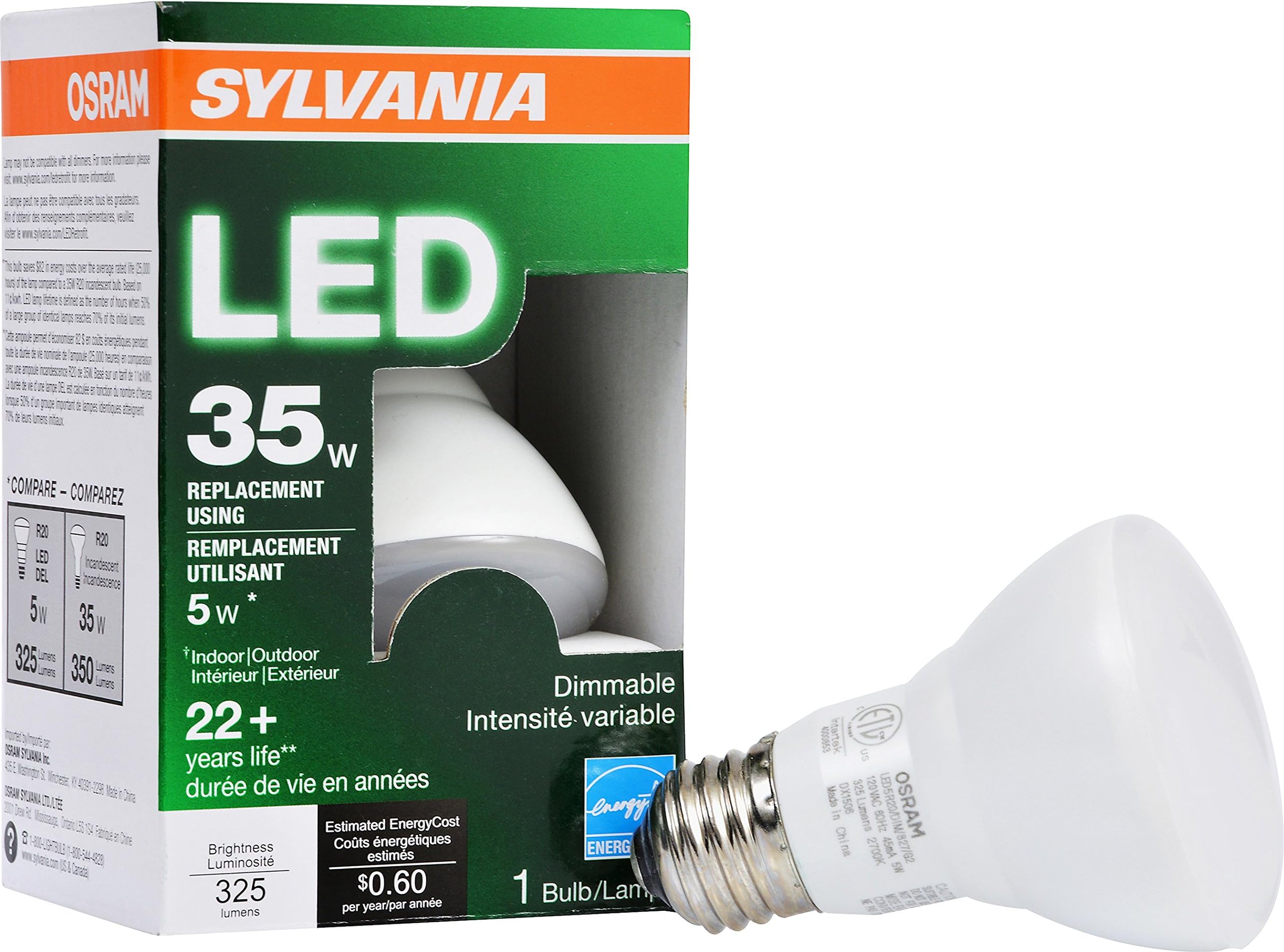 Sylvania 73781 Medium Base 2700K Dimmable R20 5W LED Bulb, Warm White
