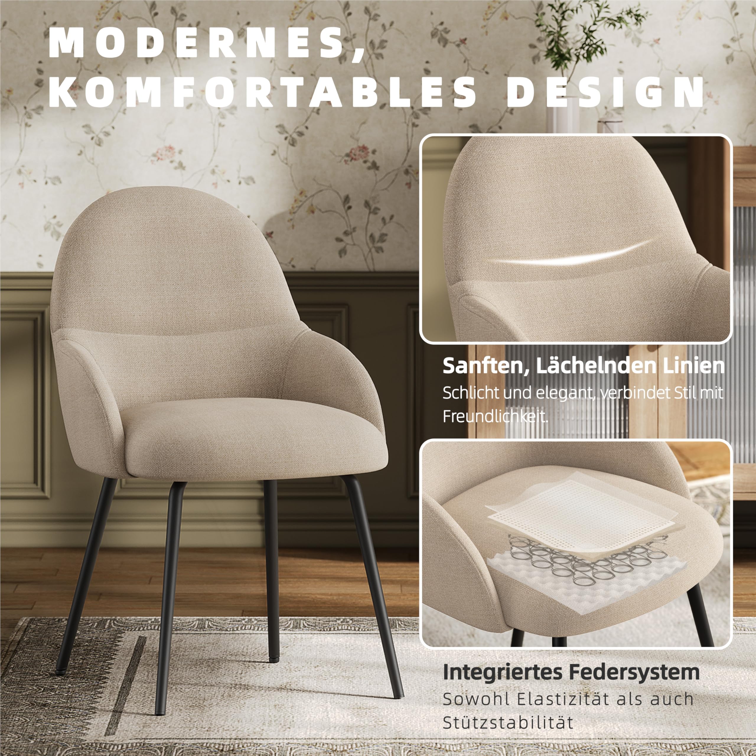 Esszimmerstühle 4er Set mit Armlehne – Ergonomische Polsterstühle, Moderne Küchenstühle mit Leinenbezug & Metallbeinen, Gepolsterte Stühle für Wohnzimmer, Esszimmer, Küche, Beige