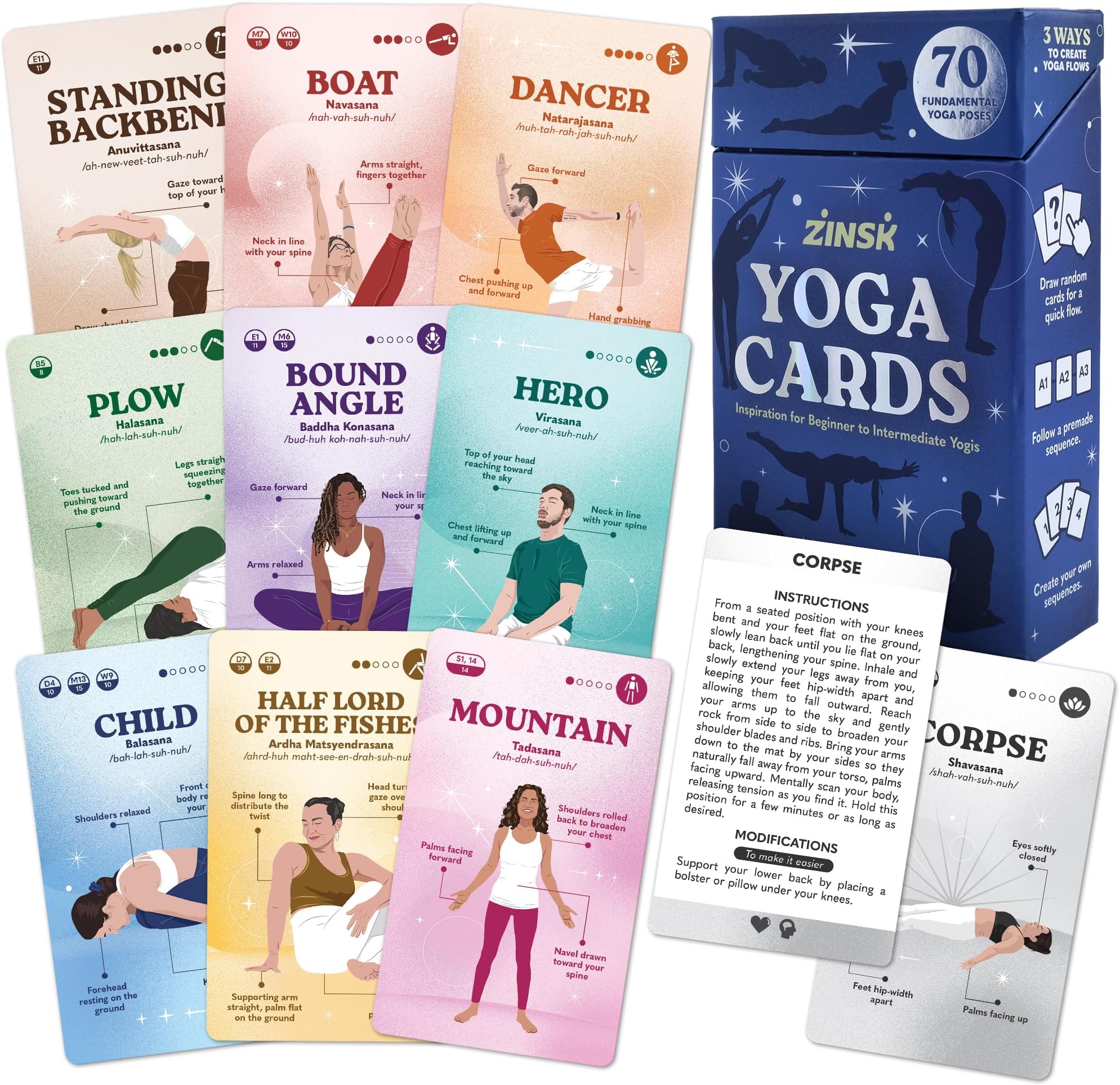 Premium Yoga Deck – 70 Beautifully Illustrated 3x5” Cards with Instructions, Alignment Cues, & Modifications – Flashcards for Learning Beginner & Intermediate Poses & Sequencing
