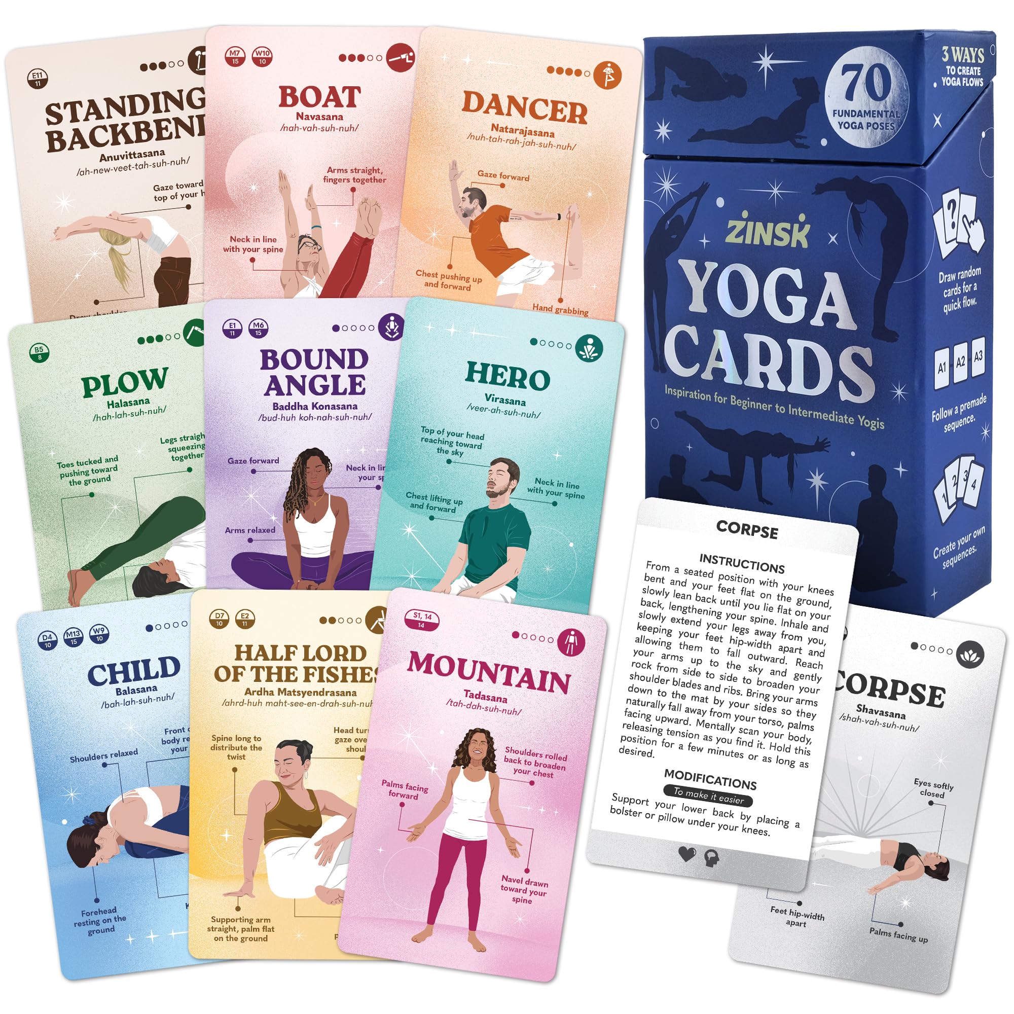 Zinsk 70 Premium Yoga Cards - Pose Flashcards with Beginner Instructions, Difficulty Levels, and Sequences - Deepen Your Practice with Alignment Cues, Modifications, Sanskrit Names & 10 Intentions