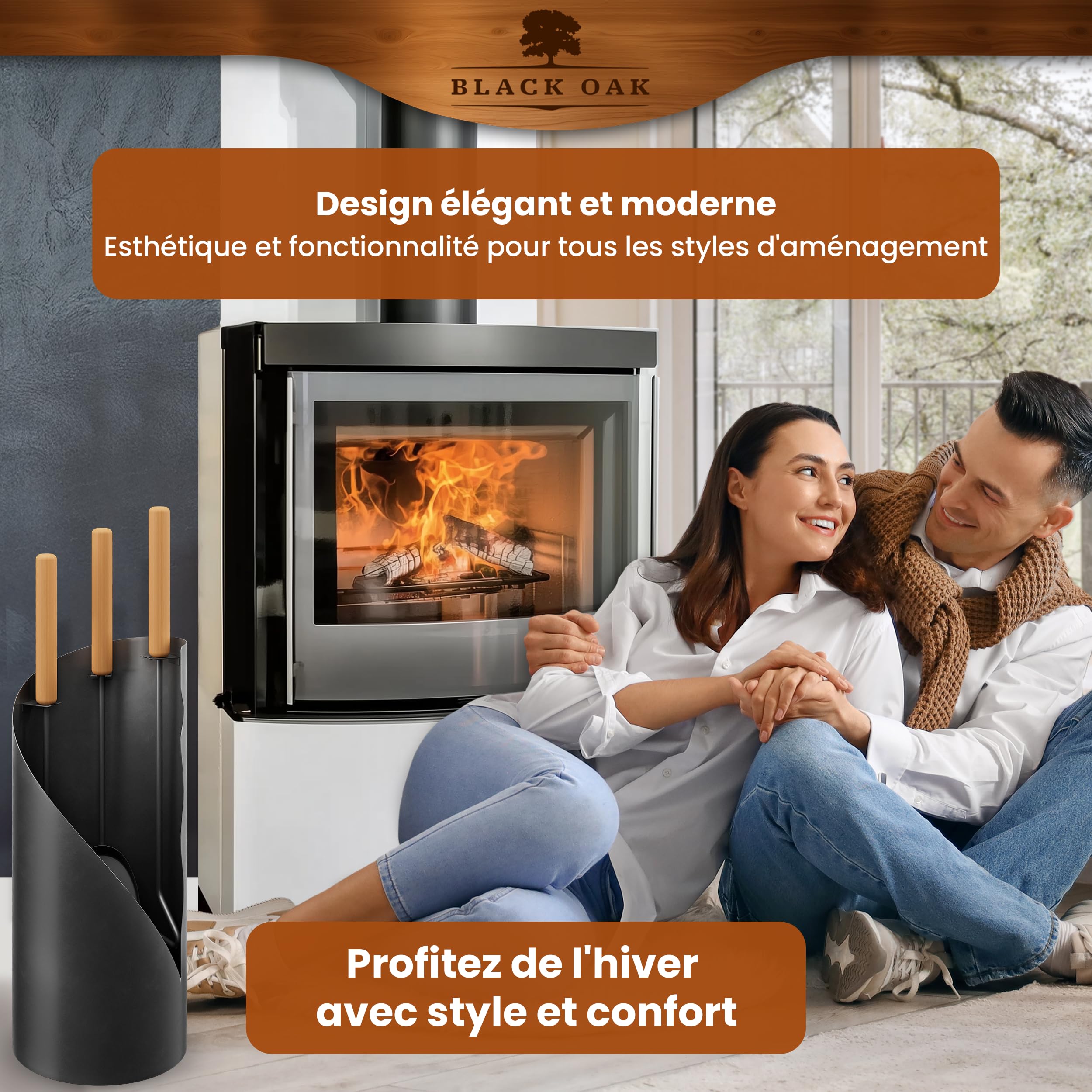 BLACK OAK Ensemble d'accessoires pour cheminée VAIL 4 pièces - ensemble moderne d'ustensiles pour poêle noir avec manche en bois 4 pièces comprenant pelle à cendre, balai à cheminée + support moderne