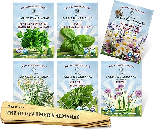 The Old Farmer's Almanac Kit de inicio de jardín de hierbas, 6 paquetes de semillas (más de 3000 semillas) con marcadores de plantas de madera, sin