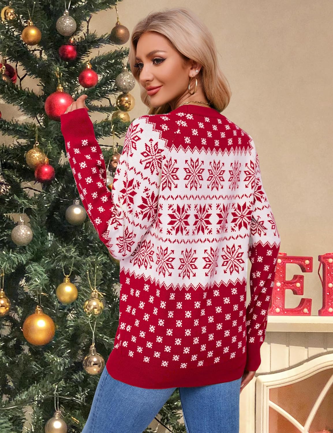 NECIOUS Womens Ugly Christmas Sweater Christmas Sweaters for Women 2026 Women's Christmas Tops Long Sleeve Snowflake Fall Winter Pullover Red L