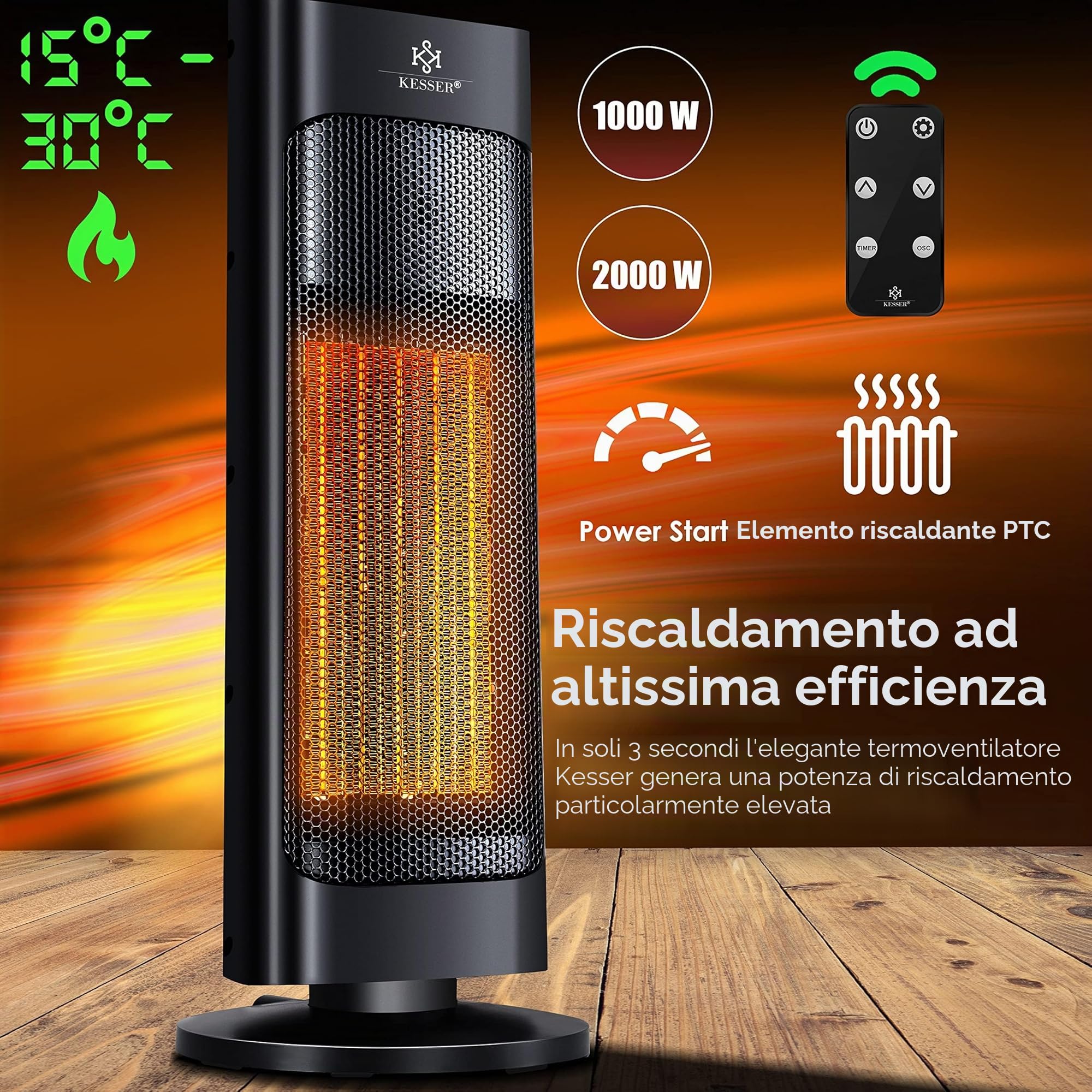 KESSER® Termoventilatore 2000 W ceramica, riscaldamento rapido 15-30 °C, oscillazione 80°, timer 24 ore