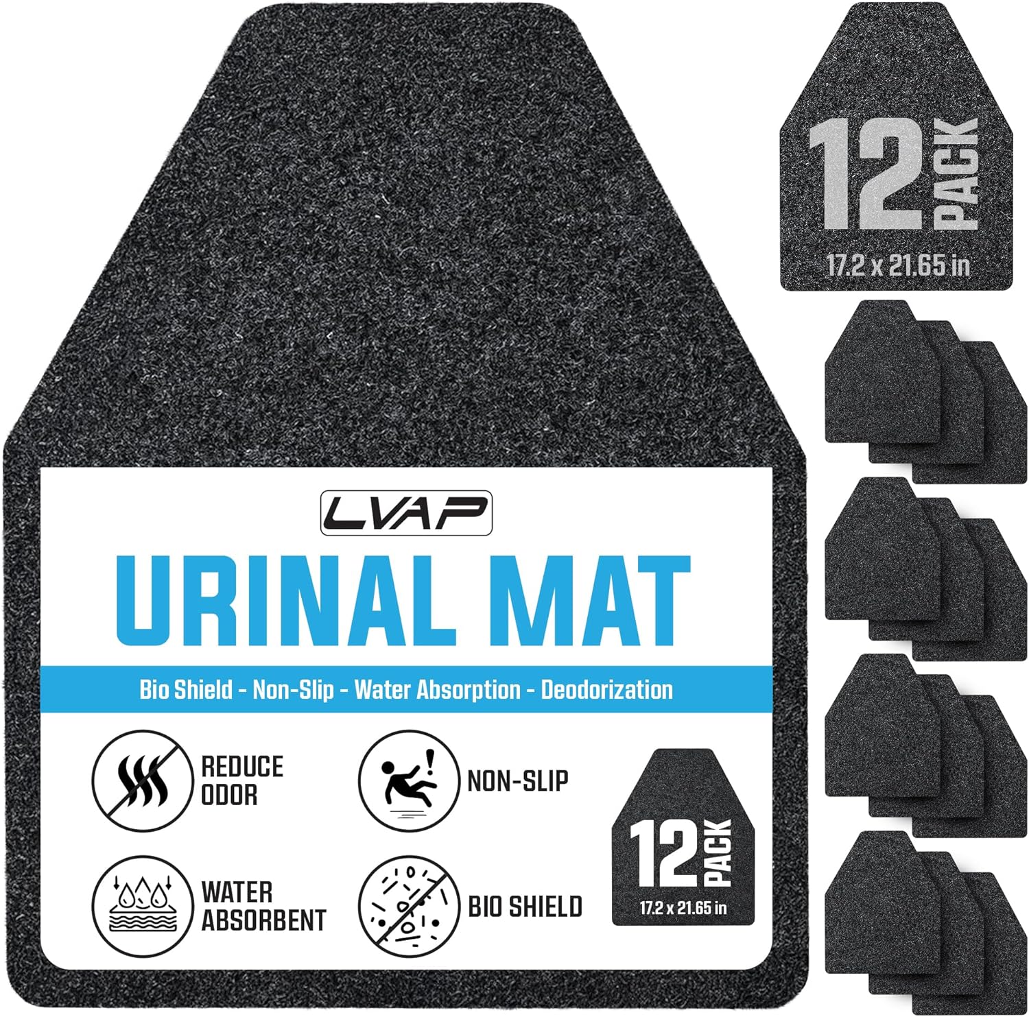 Urinal Mats (12 Pack) - High Absorbent Mats for Men's Restrooms - Mat Man. Large, Black, 12 PCS
