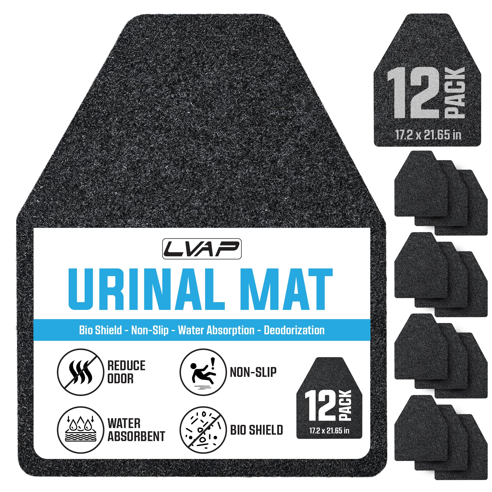 Urinal Mats (12 Pack) - High Absorbent Mats for Men's Restrooms - Mat Man. Large, Black, 12 PCS