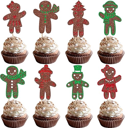 Paquete de 24 adornos para cupcakes de jengibre para revelación de género, con purpurina, Navidad, pan de jengibre, para hombre, niño o niña, para