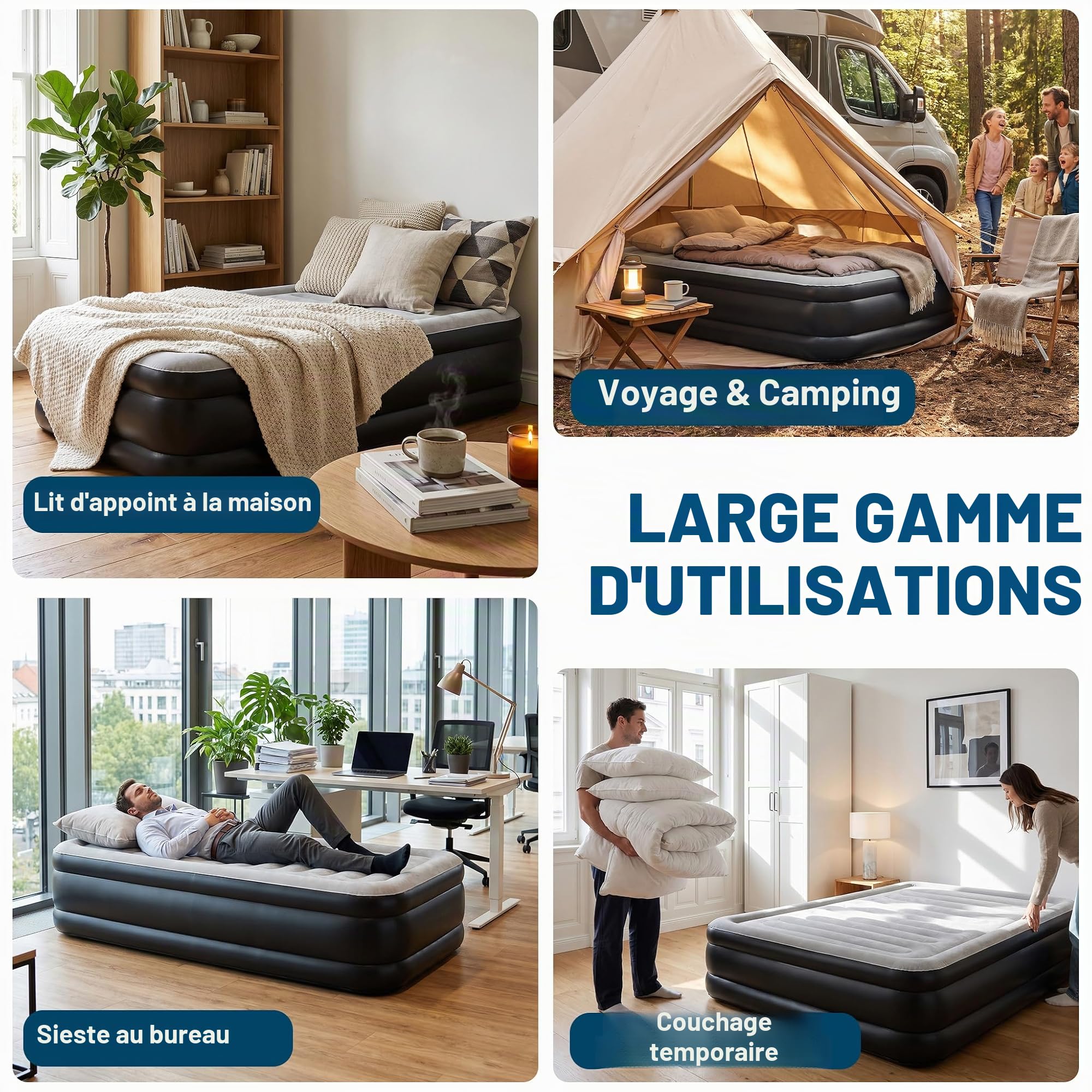 LARS360 Matelas gonflable auto-gonflant avec pompe à air, 187 x 90 x 46 cm, convient pour 1 personne, matelas gonflable avec sac de transport pour le camping/la maison, jusqu'à 300 kg - Noir/gris
