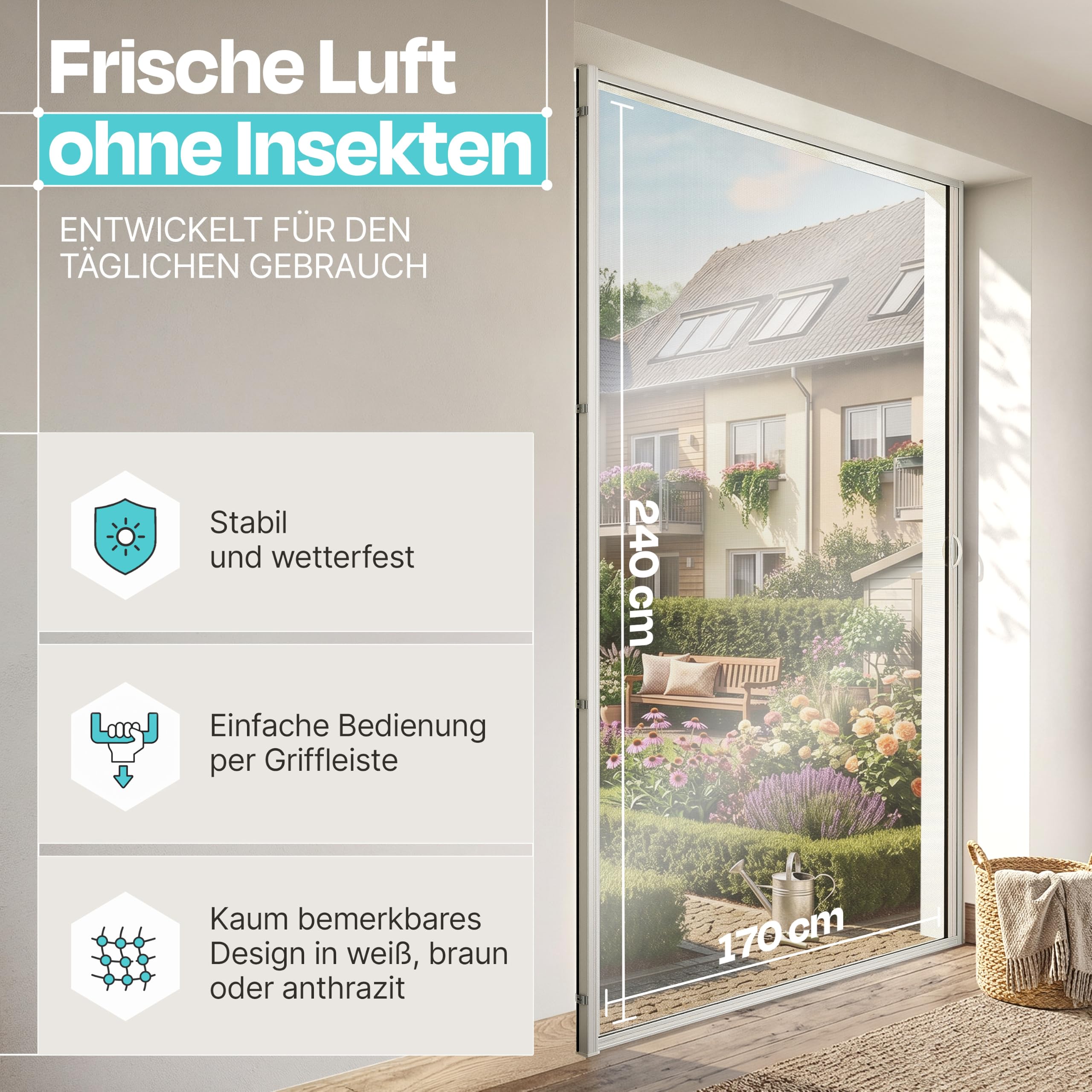 APANA Fliegengitter Tür ausziehbar Insektenschutz für Balkon & Terrassentür | Zuschneidbar bis 170x240 cm, Fiberglasgewebe, Alurahmen, schützt vor Mücken & Fliegen, einfache Montage, Anthrazit
