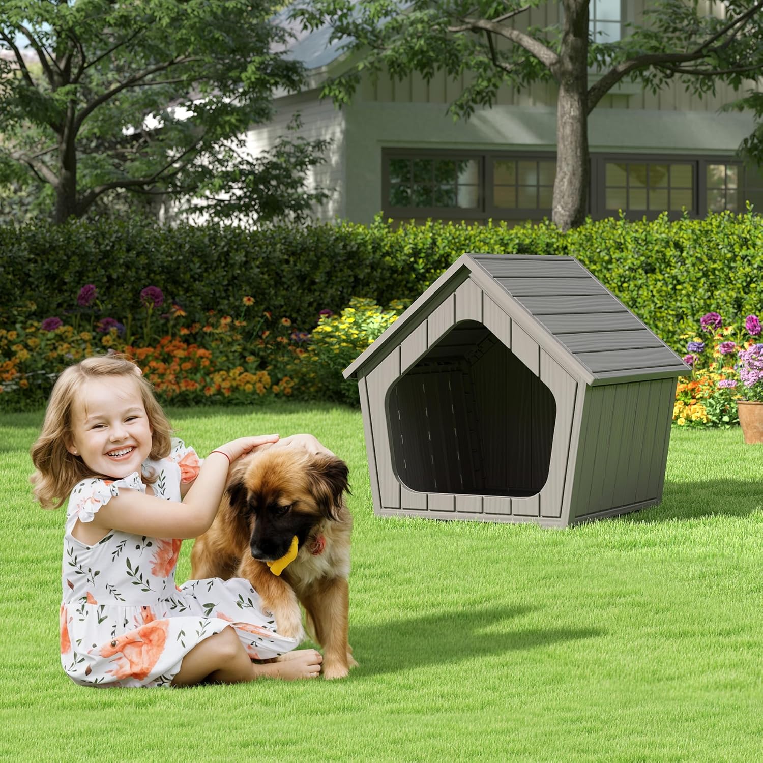 Bifanuo Dog House Outdoor Indoor for Small Dogs - Plastic Pet Shelter, Easy-Assemble & Weather-Resistant for Living Room, Balcony (Grey, 18" L x 22.4" W x 22.2" H)