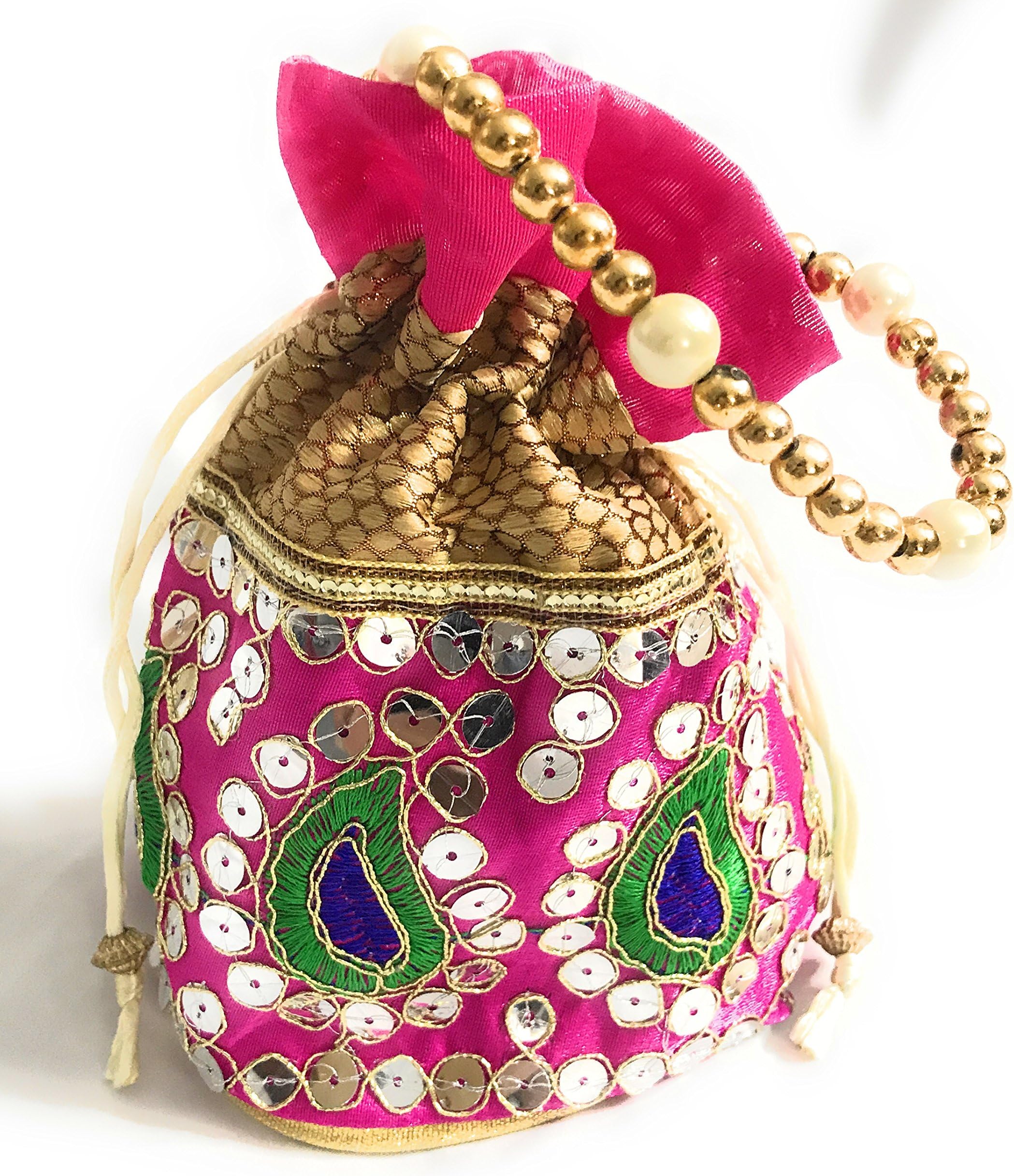 Drawstring Potli Bag with Golden Gota Lace and Sequins, Beaded Carry Handle