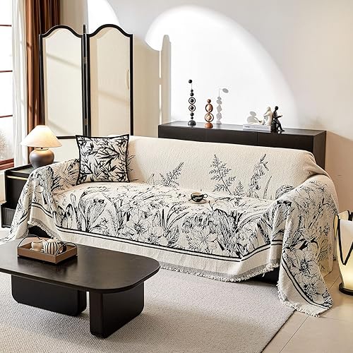 DREAMINGO Funda floral para sofá de 3 cojines, funda gruesa de felpa para muebles de 71 x 134 pulgadas, funda de sofá jacquard vintage con borlas