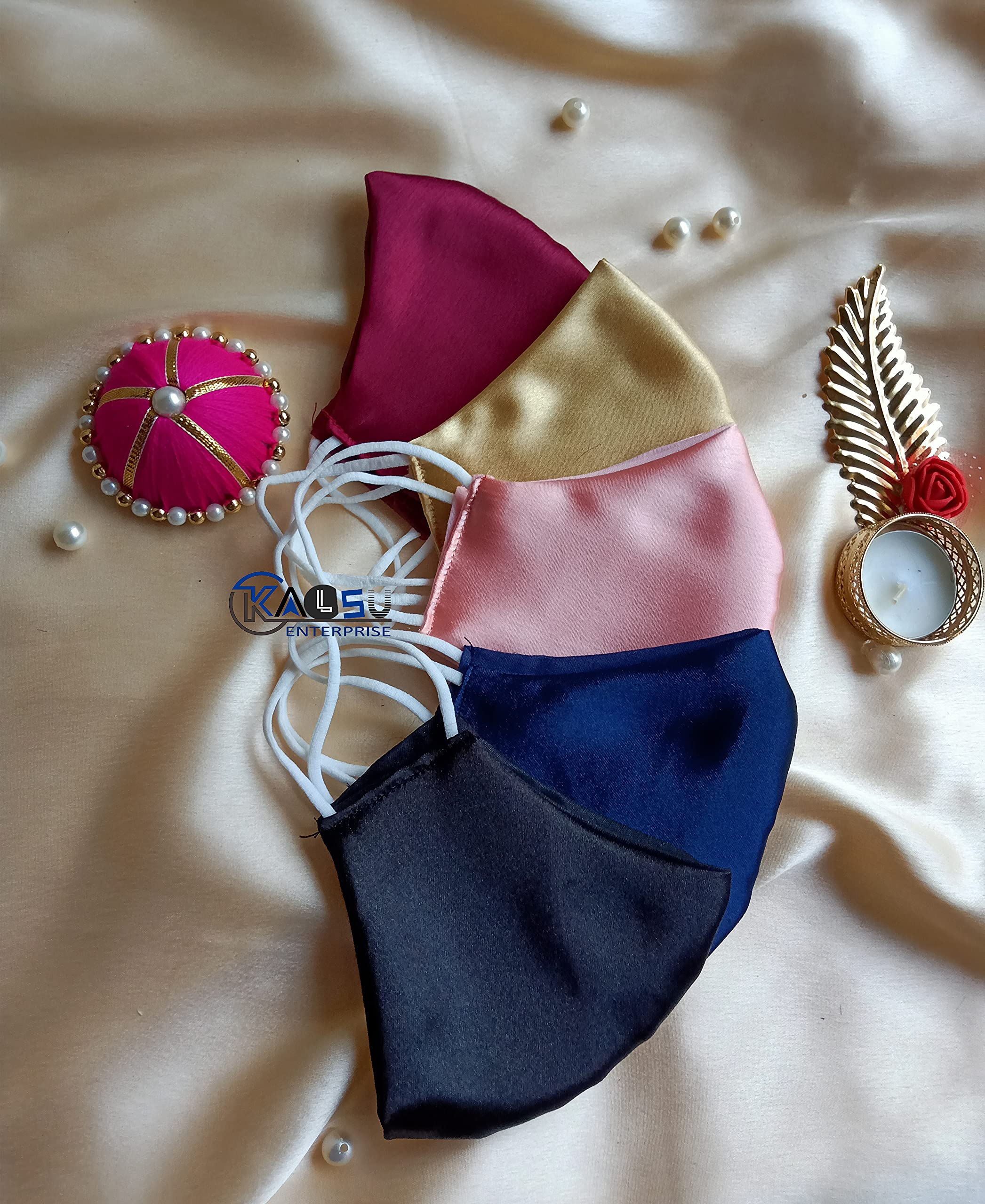 KALSU ᵀᴹ : SATIN Cloth Fashion Face Mask - Washable Light Weight Cotton Masks for Adult | Multi Purpose Matching Color Designer Mask (MAROON-GOLDEN-PINK-NAVT BLUE-BLACK)-image-33