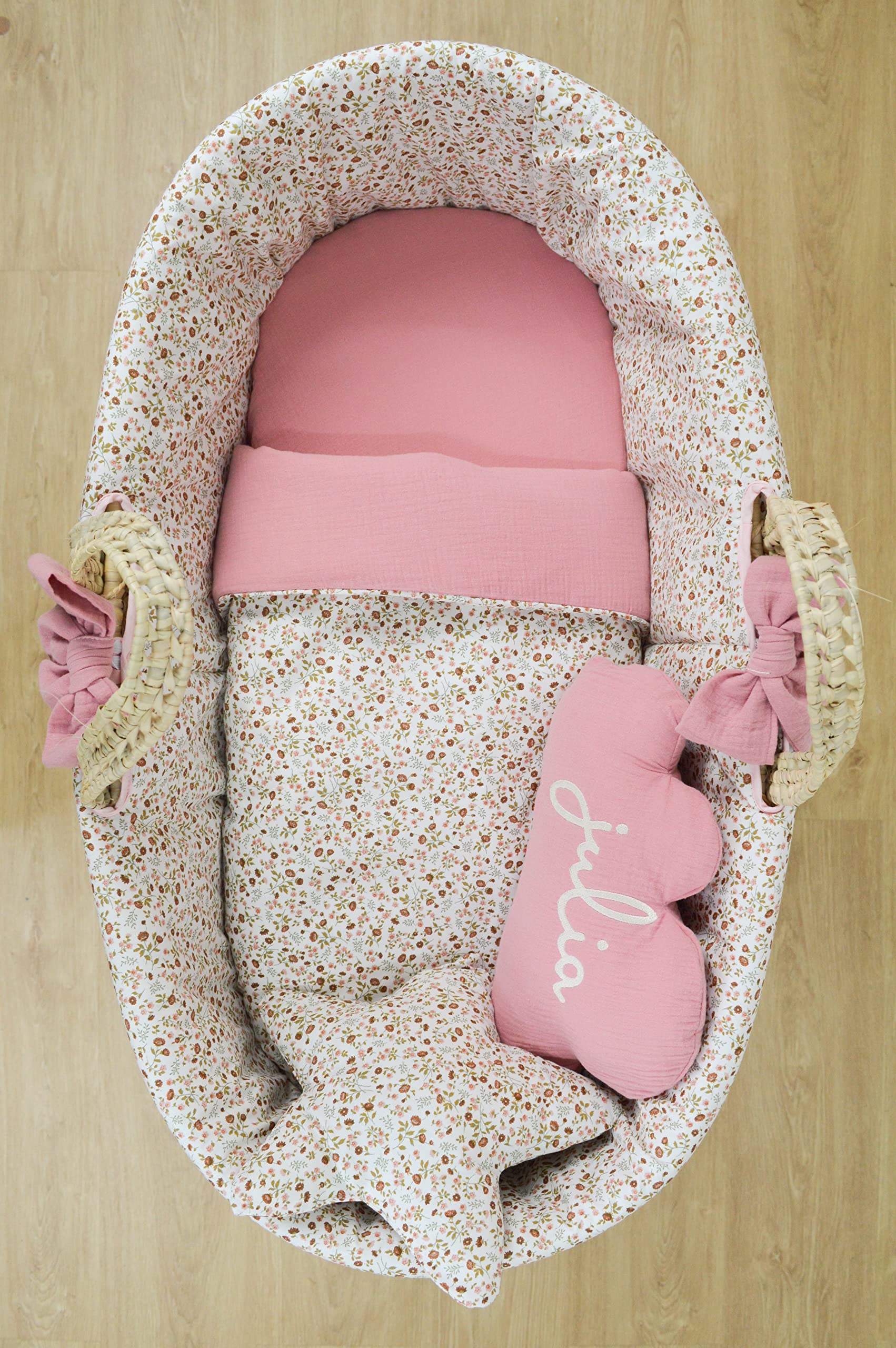 Nenel Capazo Mimbre bebé Personalizado – Moisés Palma recién Nacido – Cuco SIN Patas – Flores Liberty Rosa