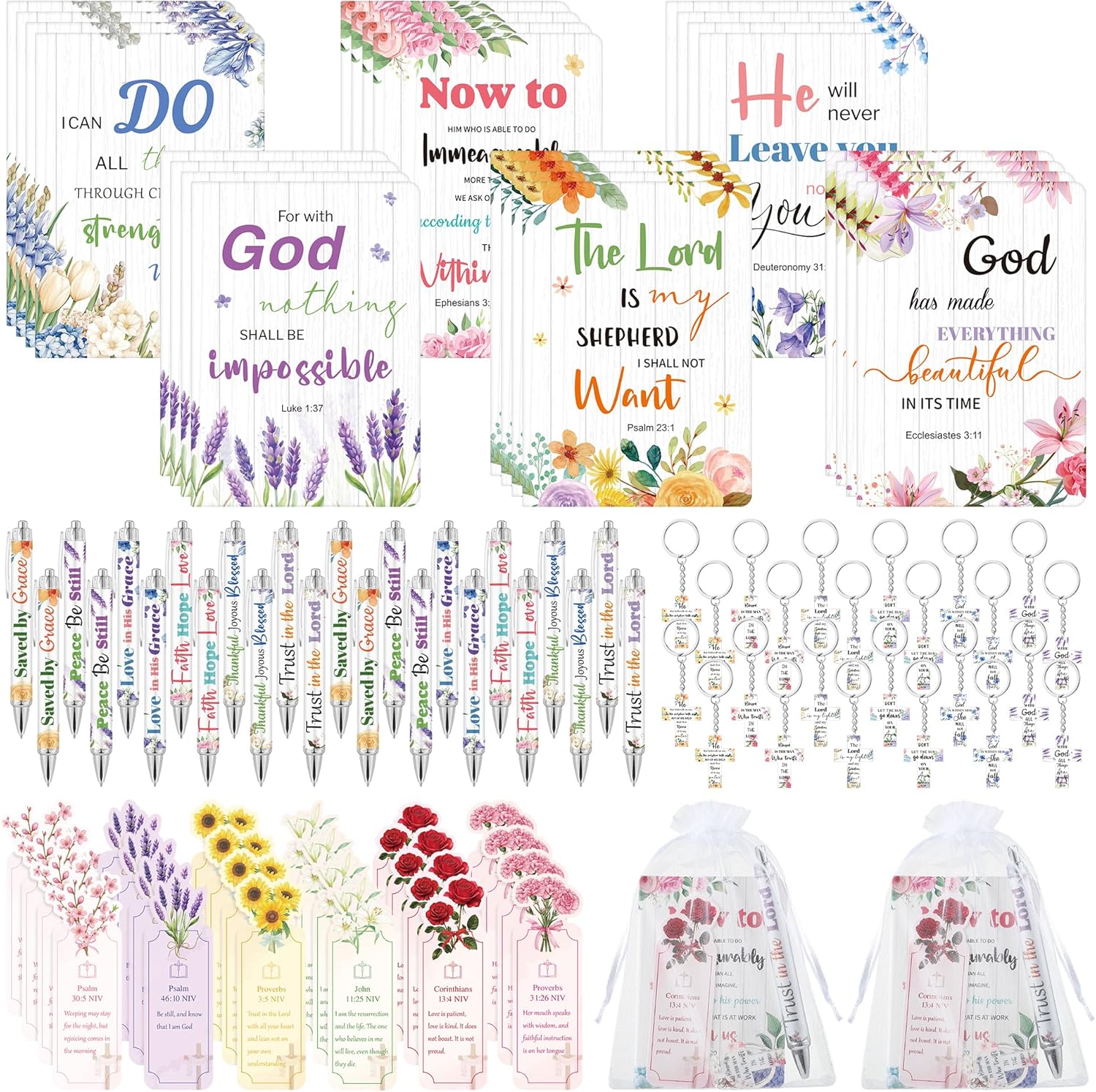 Aneco 120 Pcs Floral Christian Bulk Gifts for Women, Religious Bulk Gift Set for Christian Include Mini Bible Verse Notepads Bookmarks Keychains Ballpoint Pens Gift Bags for Church Office Supplies