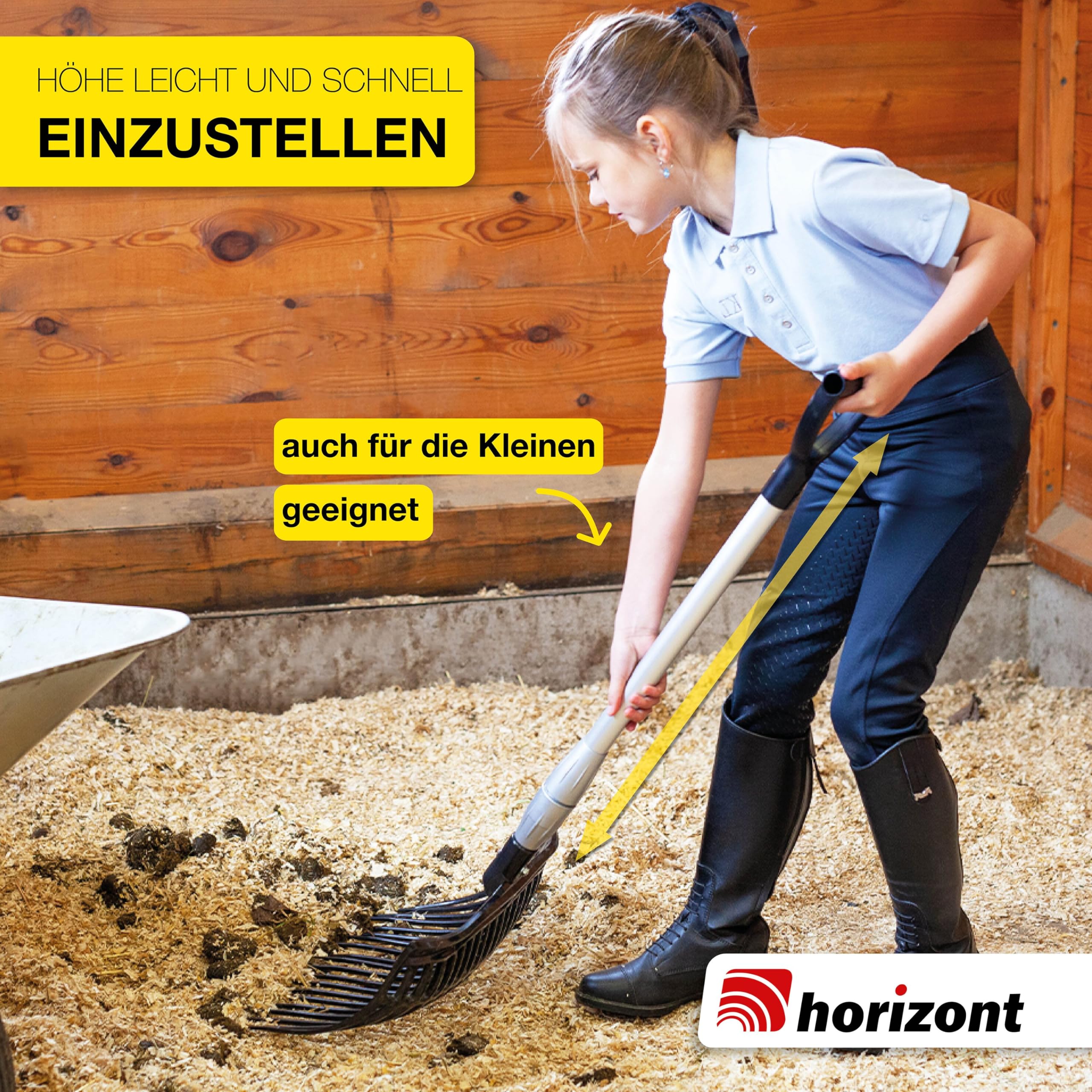 horizont Schwedengabel mit verstellbarem Aluminiumstiel 75–115 cm, Mistgabel für Kinder & Erwachsene, leichte stabile Dunggabel, ergonomisch & wetterfest, Heugabel Kinder, Bollengabel