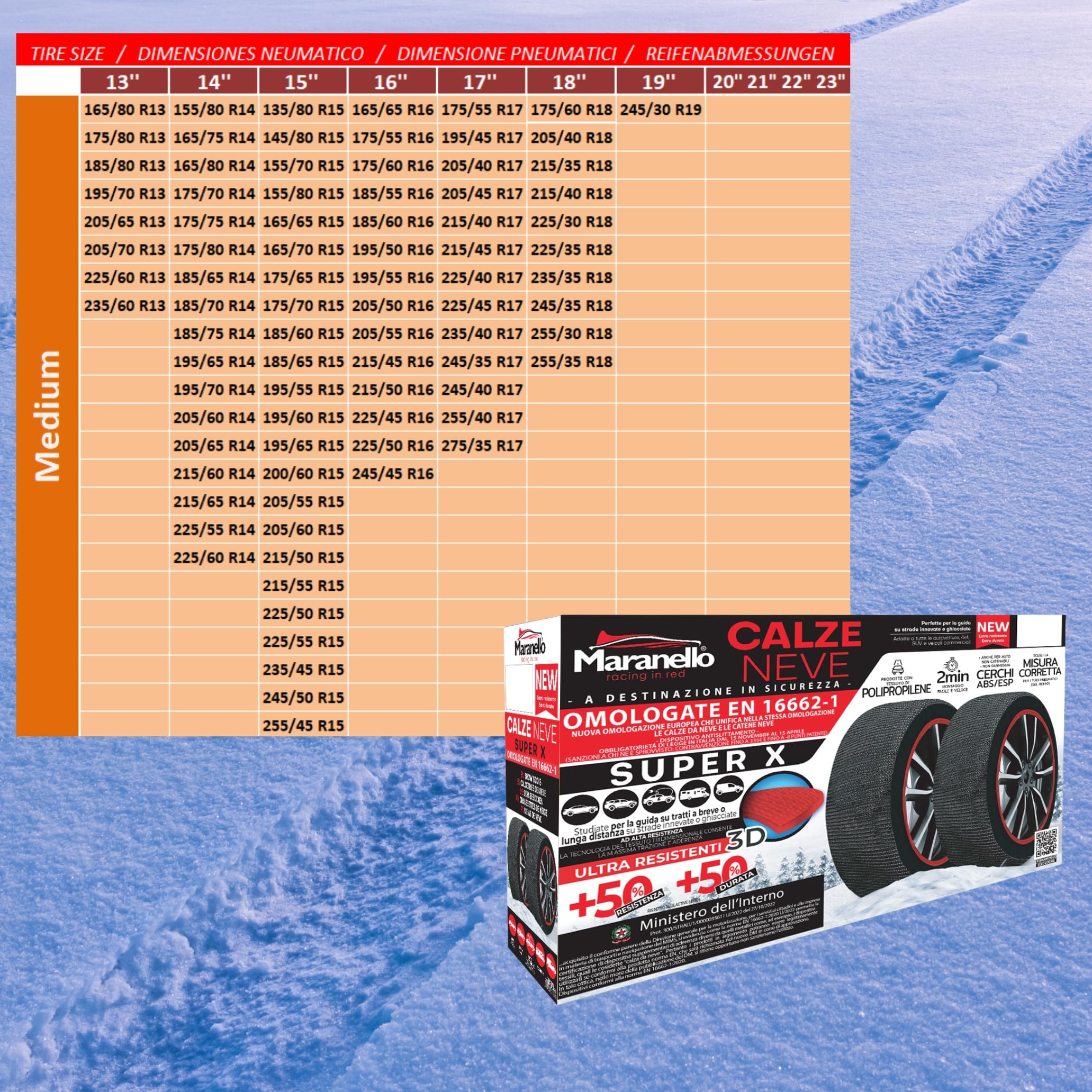 Schneesocken Reifensocken Snow Socks Textilschneeketten - Maranello Super X - Größe M - geprüft nach EN 16662-1:2020 - einfache Montage in 2 Minuten - Anti-Rutsch Winterketten - Textil Schneeketten