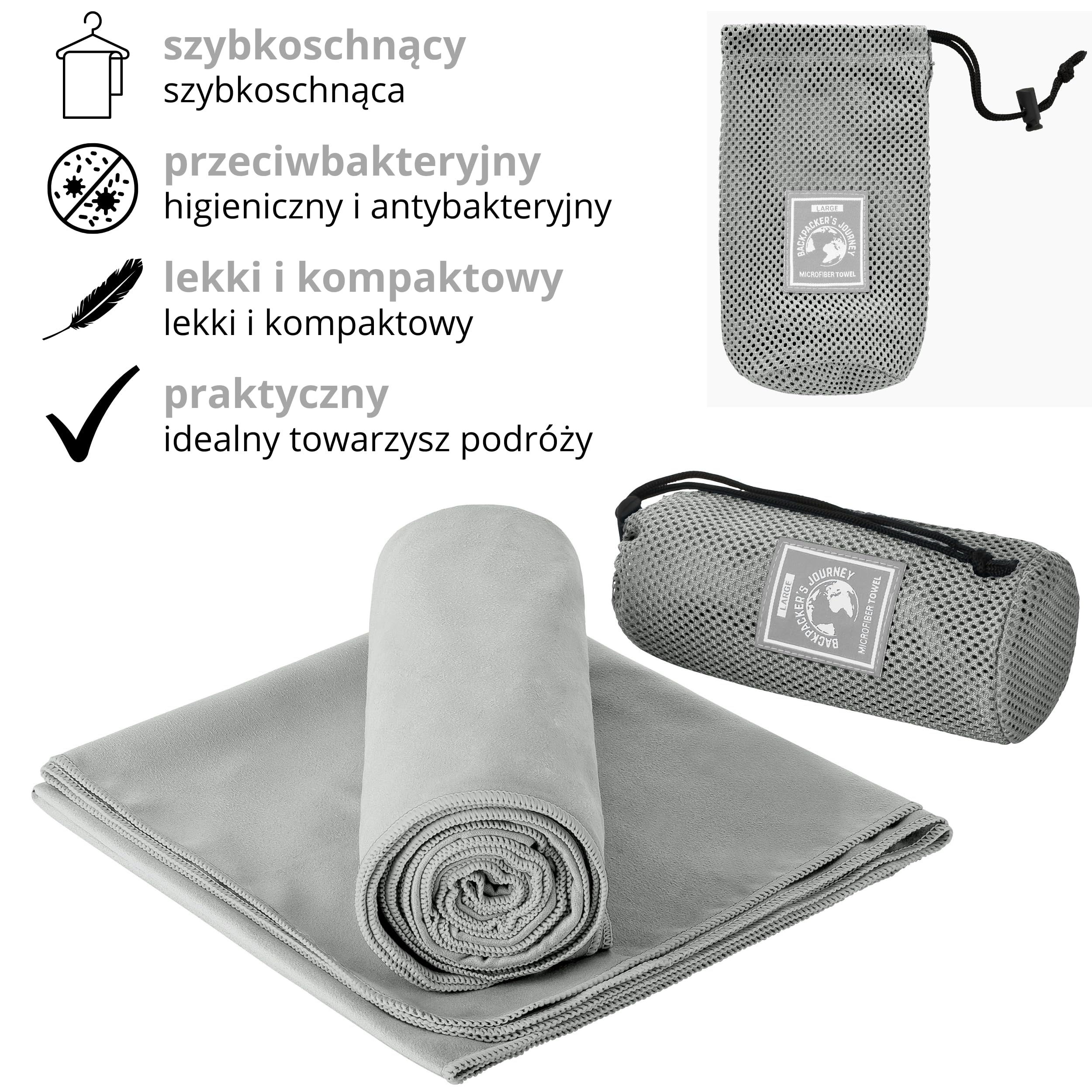 Backpacker's Journey Ręczniki z mikrofibry S M L XL. Zestaw ręczników podróżnych, lekkie, szybkoschnące, chłonne i antybakteryjne (szare, L)
