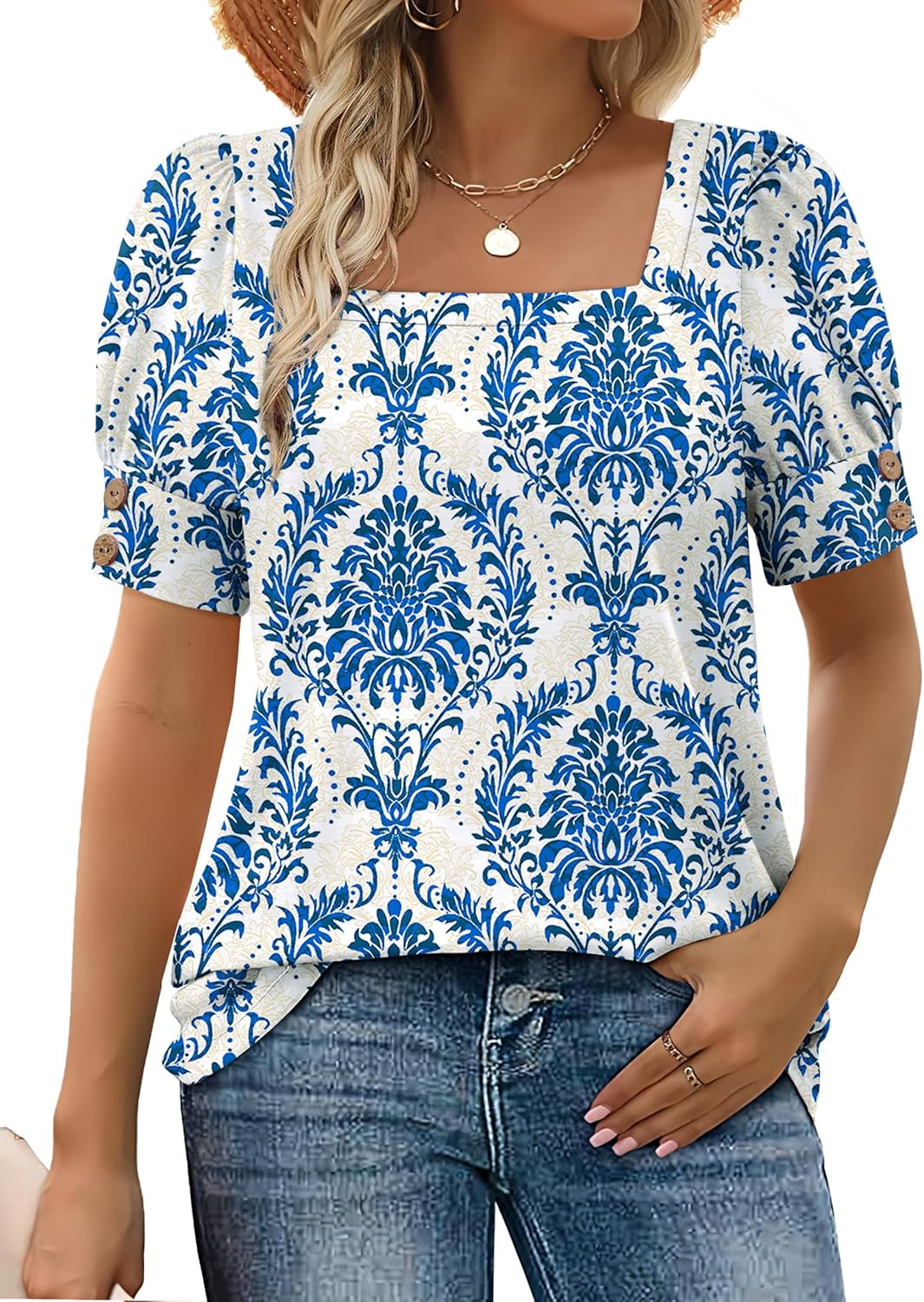 WIHOLL Boho Tops for Women Summer Outfits 2026 Square Neck Short Puffy Sleeve Shirts Spring Casual Clothing Lightweight Blouses Beach Vacation S