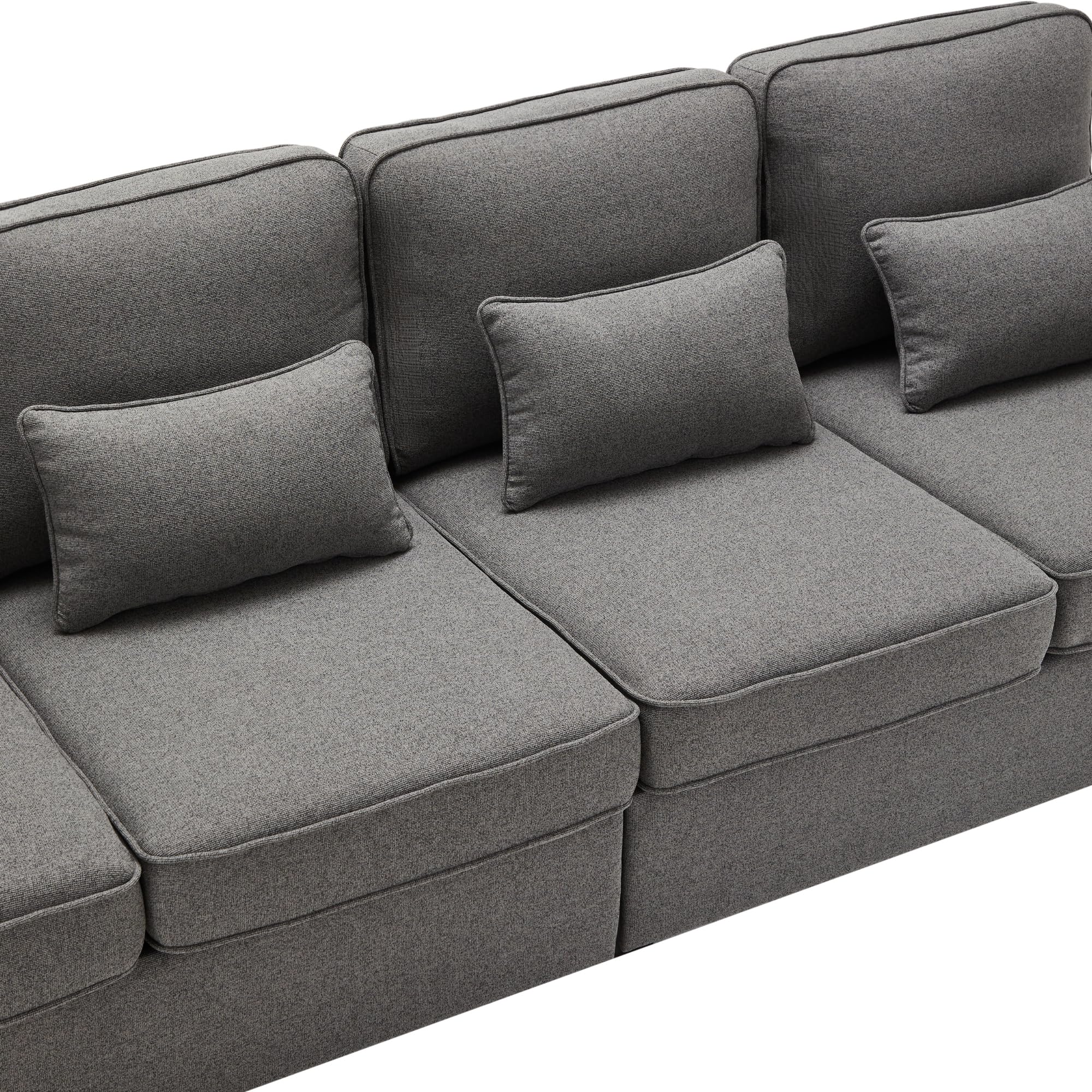 Divano moderno a 4 posti in tessuto di lino, divano a quattro posti con tasche per braccioli e 4 cuscini, divano dallo stile semplice, adatto a soggiorno, casa, ufficio (Grigio scuro)