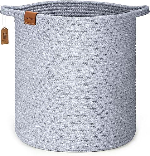 BROVIEW Canasta para manta, cesta de lavandería de 16 x 16 x 18 pulgadas, cesta tejida de cuerda de algodón con asa, cesta de juguetes, para sala de