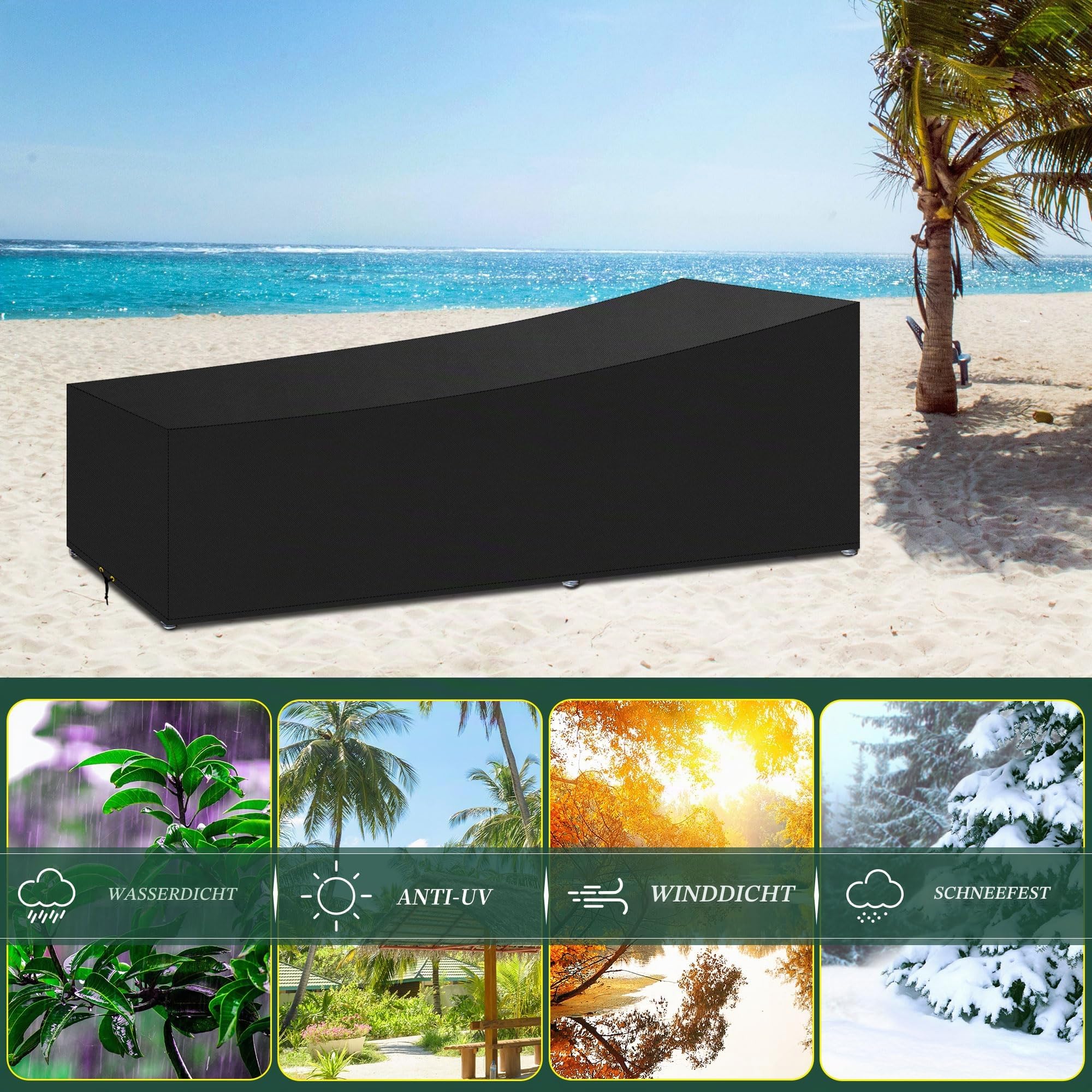 Gartenliege Abdeckung, 220x80x35/55cm, 420D Oxford-Gewebe Outdoor Garten Sonnenliege Abdeckung wasserdicht, Anti-UV, Schutzhülle für Sonnenliege Liegestuhl Deckchair,Schwarz