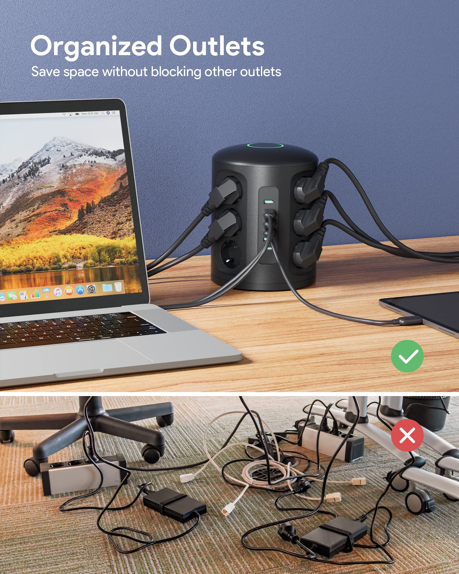 Tour Multiprise Parasurtenseur Parafoudre 8 Prises avec 4 USB 4,5A