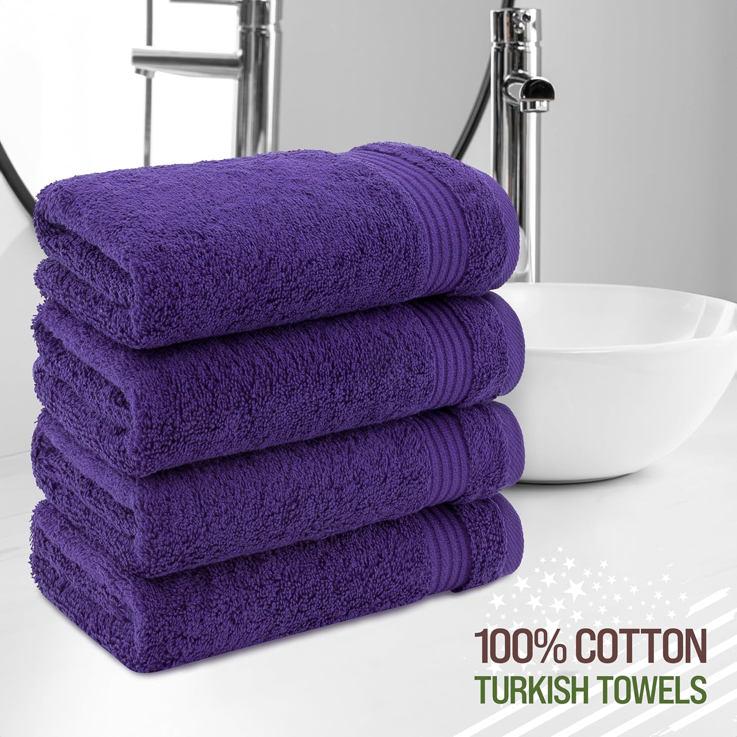 American Veteran Towel, Hand Towels for Bathroom Set of 4, 100% Cotton Turkish Hand Towel Sets, Soft Hand Face Towels, Purple Hand Towels - Image 2