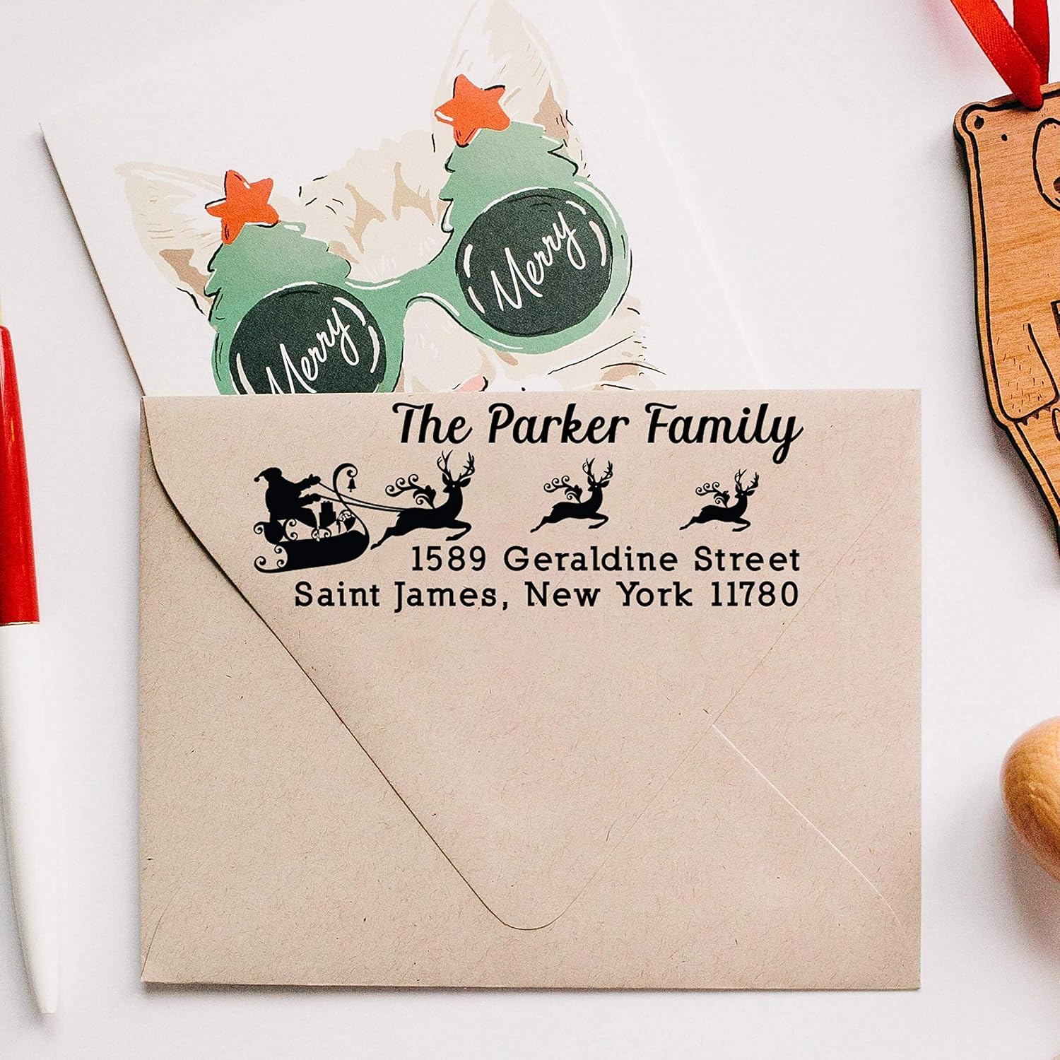 Christmas Address Label Stamp Custom Merry Christmas Stamp. Choose Santa Tree Reindeer Snowman Mistletoe Business Stamper Wood or Self Inking - Large 4 Lines