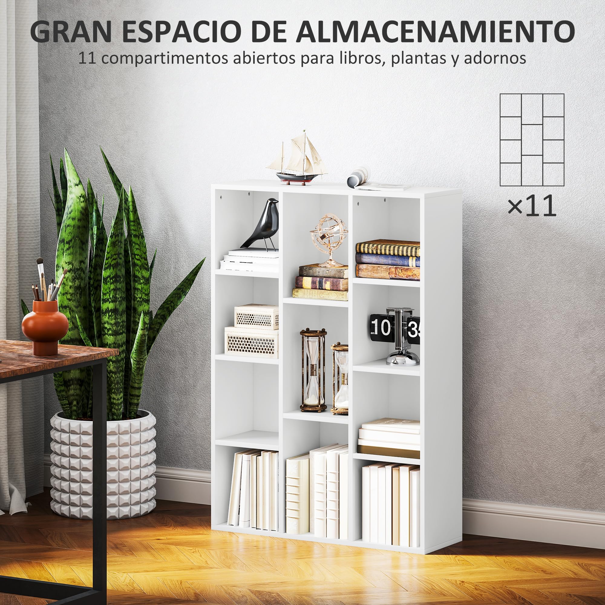 HOMCOM Librería de 4 Niveles con 11 Compartimentos 74,3x24x106 cm Blanco