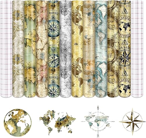 Tintnut Retro Map Pattern Permanent Vinyl-10 Sheets 12"x10" Retro Style Permanent Adhesive Vinyl for Cutting Machine,Waterproof Sheets for Home