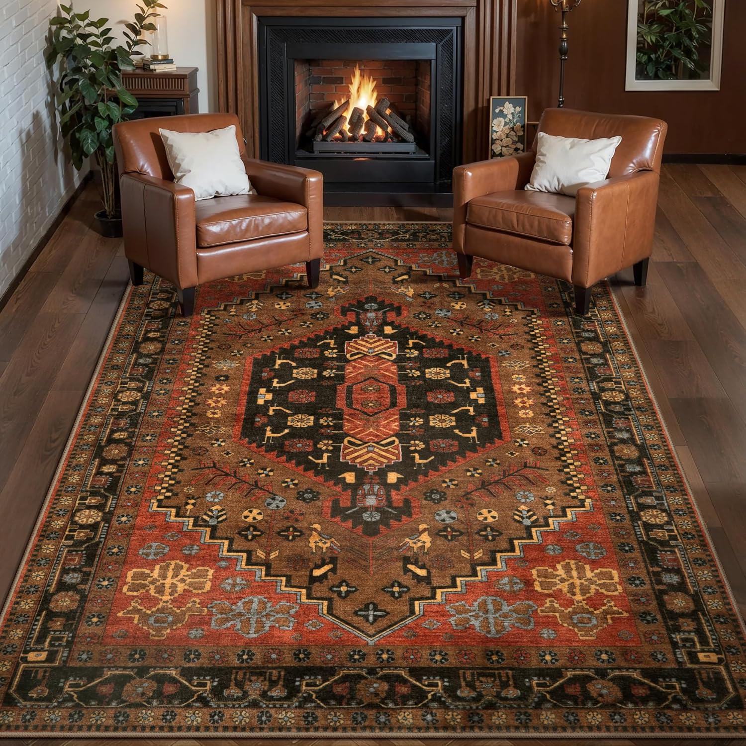 Ciicool 3x5 Area Rug, Washable Red Boho Rugs for Bedroom Non-Slip Indoor Rugs Large Low-Pile Mat Floor Carpet Vintage Rug for Kitchen Living Room Office Dinning Foyer Decor