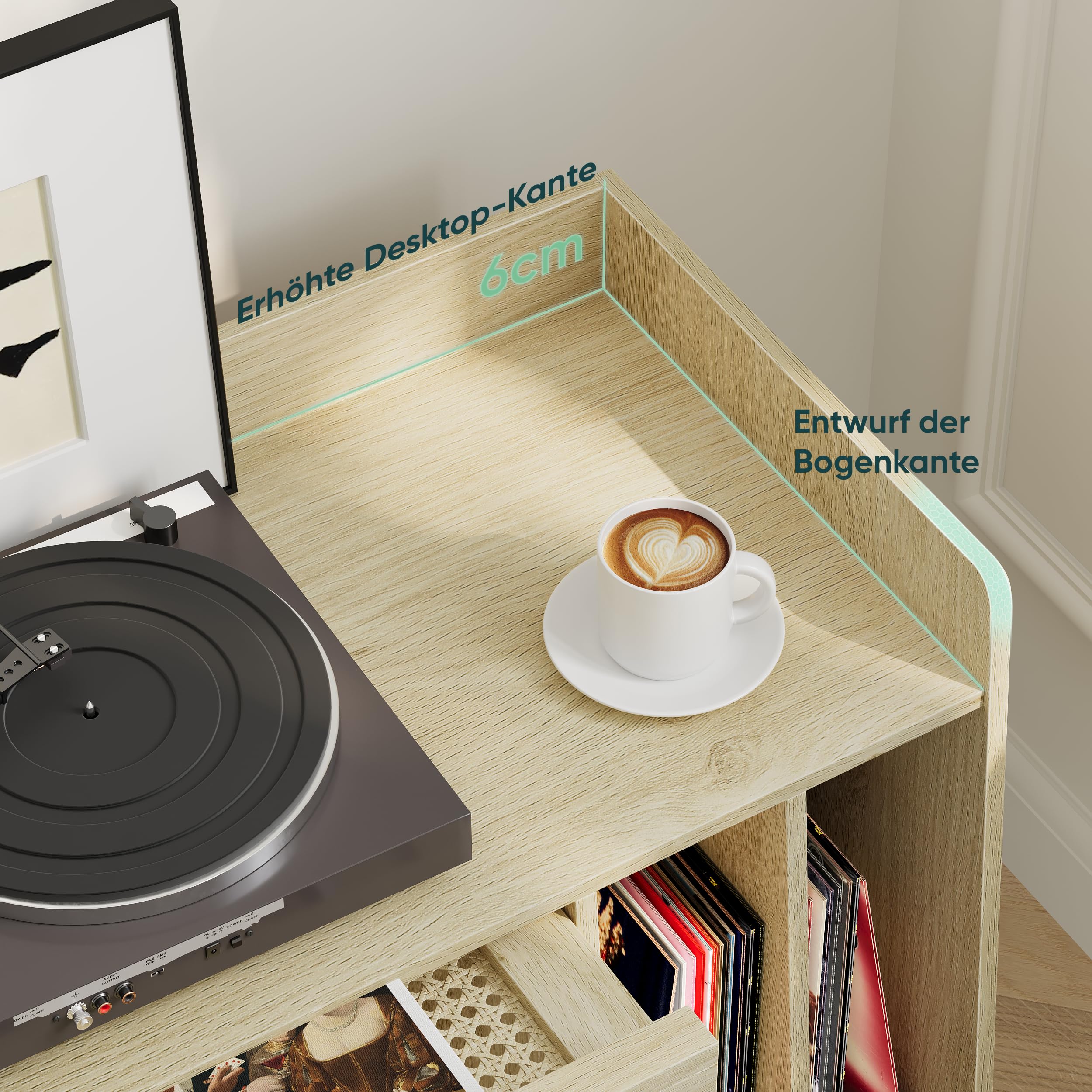 Semiocthome Plattenspieler-Tisch mit Vinyl-Aufbewahrungsfunktion, Schallplattenständer mit Rattan-Schranktüren und Massivholz-Tischbeinen, geeignet für Plattenspieler. (klein)