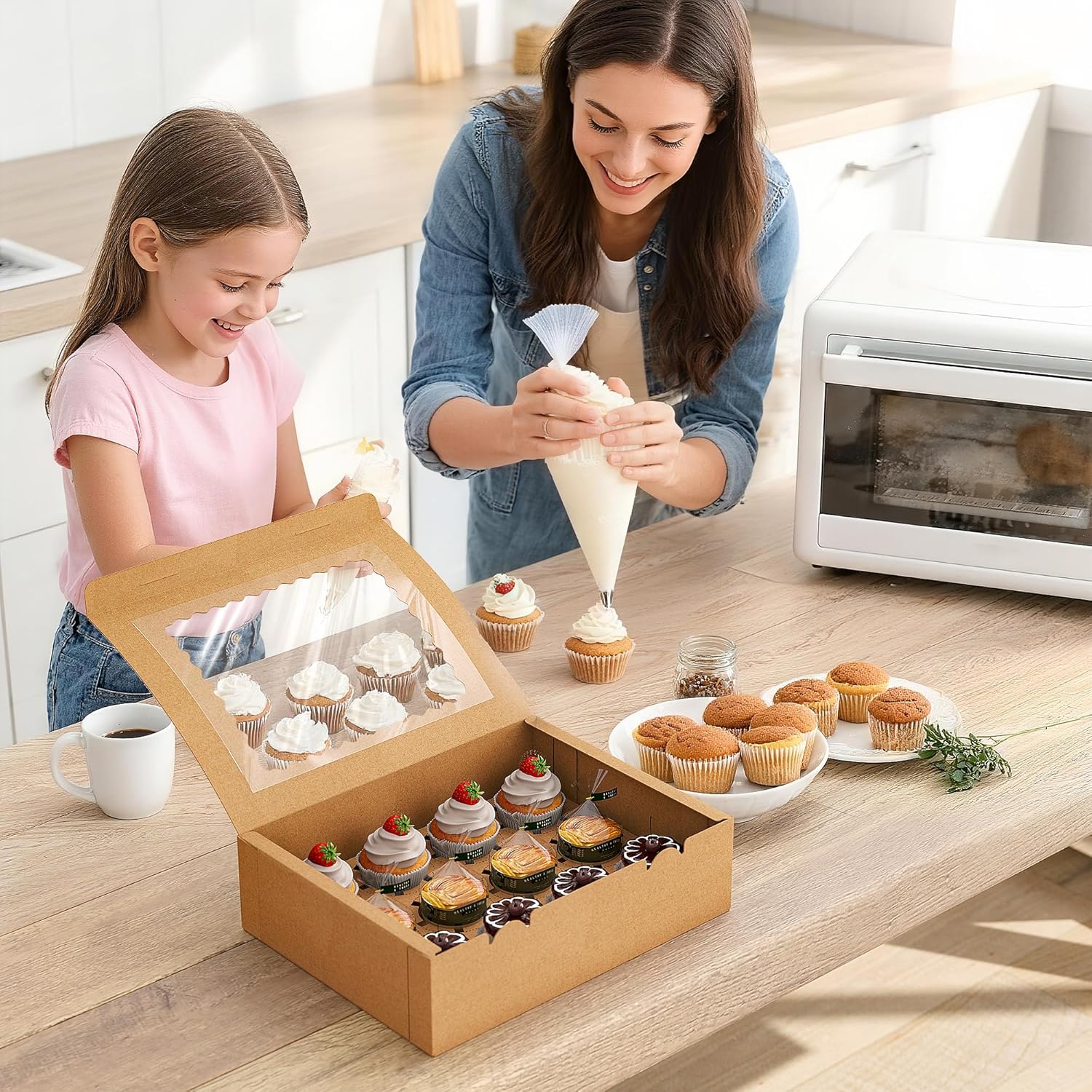 50 PCS Cupcake Boxes, 12-Count Cupcake Containers with Window, Brown Pastry Boxes with Inner Tray & 50 Stickers for Dessert, Party, Birthday, Holiday (12.8x9.84x3.54 Inch)