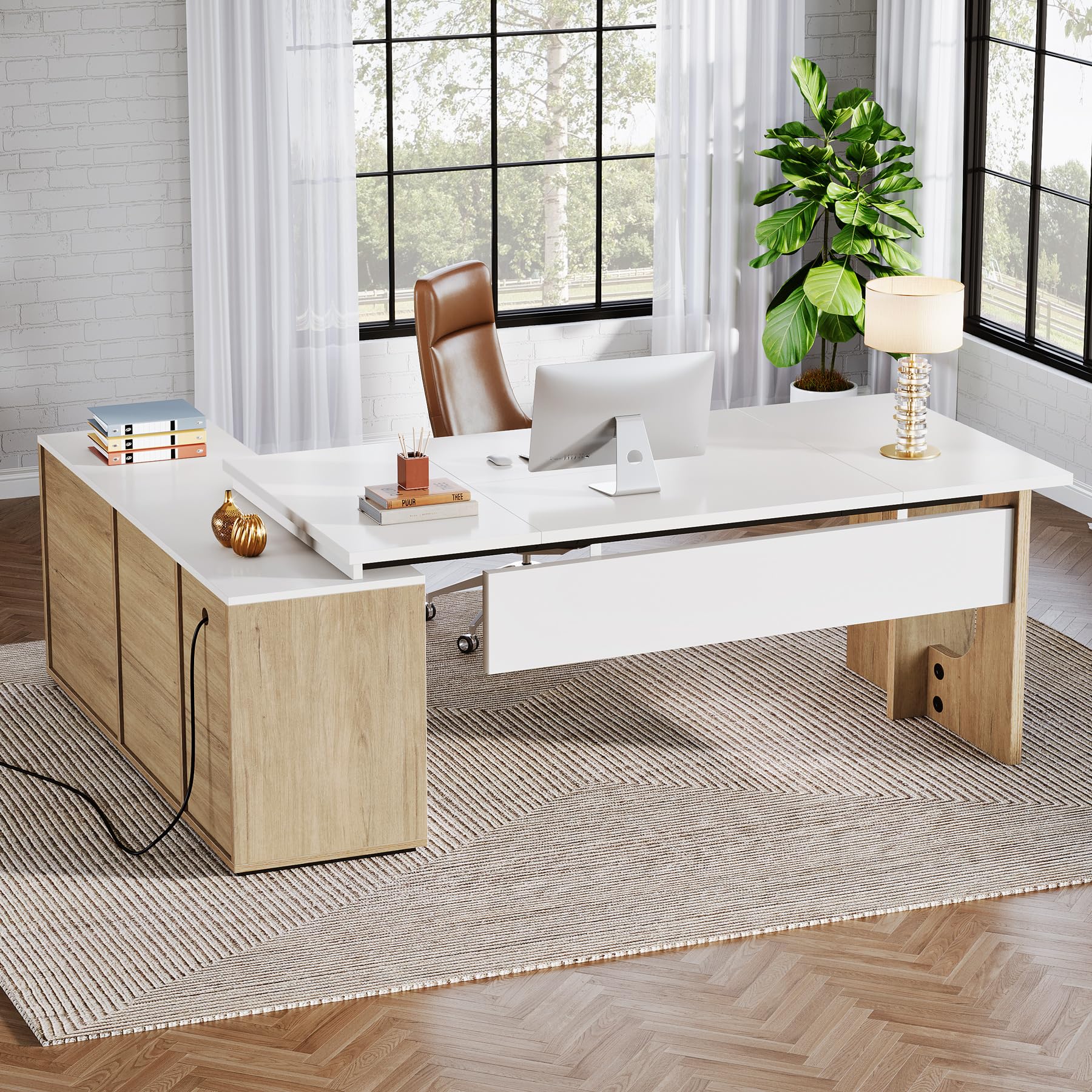 Tribesigns 74.8" Executive Desk, Large Office Desk with Cabinet, L Shaped Computer Desk with Shelves and CPU Storage, Modern Home Office Desks Business Furniture Workstation Set, White and Wood