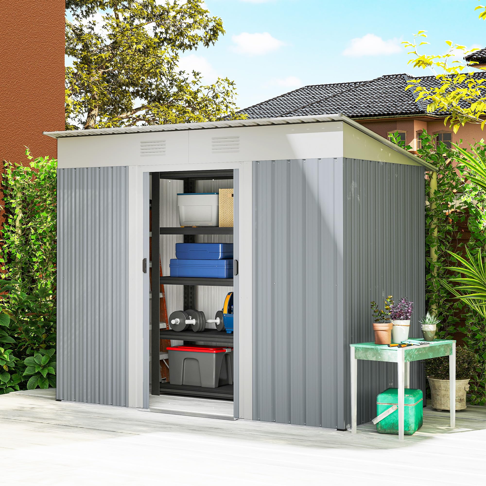 Outsunny 7' x 4' Outdoor Storage Shed, Metal Garden Tool Storage House Organizer with Lockable Sliding Doors and Vents for Backyard Patio Lawn, Charcoal Grey — view 14