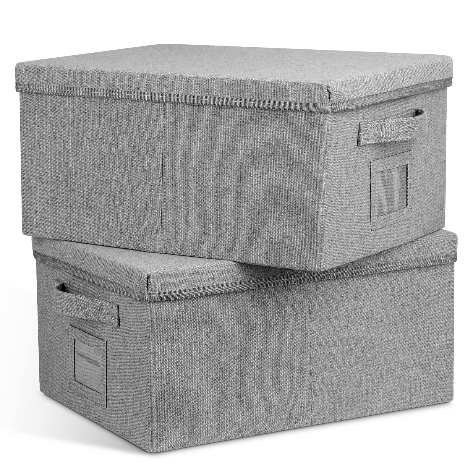 Graciadeco Stackable 22.8qt Storage bins with Lids Foldable Fabric Boxes with Lids for Organizing Closet Shelf Clothes Decorative Linen Canvas Covered Rectangle Cardboard Gray Bins, Small 2 Pack