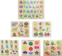 Montessori Wooden Puzzle Set for Toddlers and preschoolers, 6-Pack Alphabet Numbers Shapes Colors Animals Fruits, Educational Learning Toy for Ages 2-7, fine Motor Skill Development.