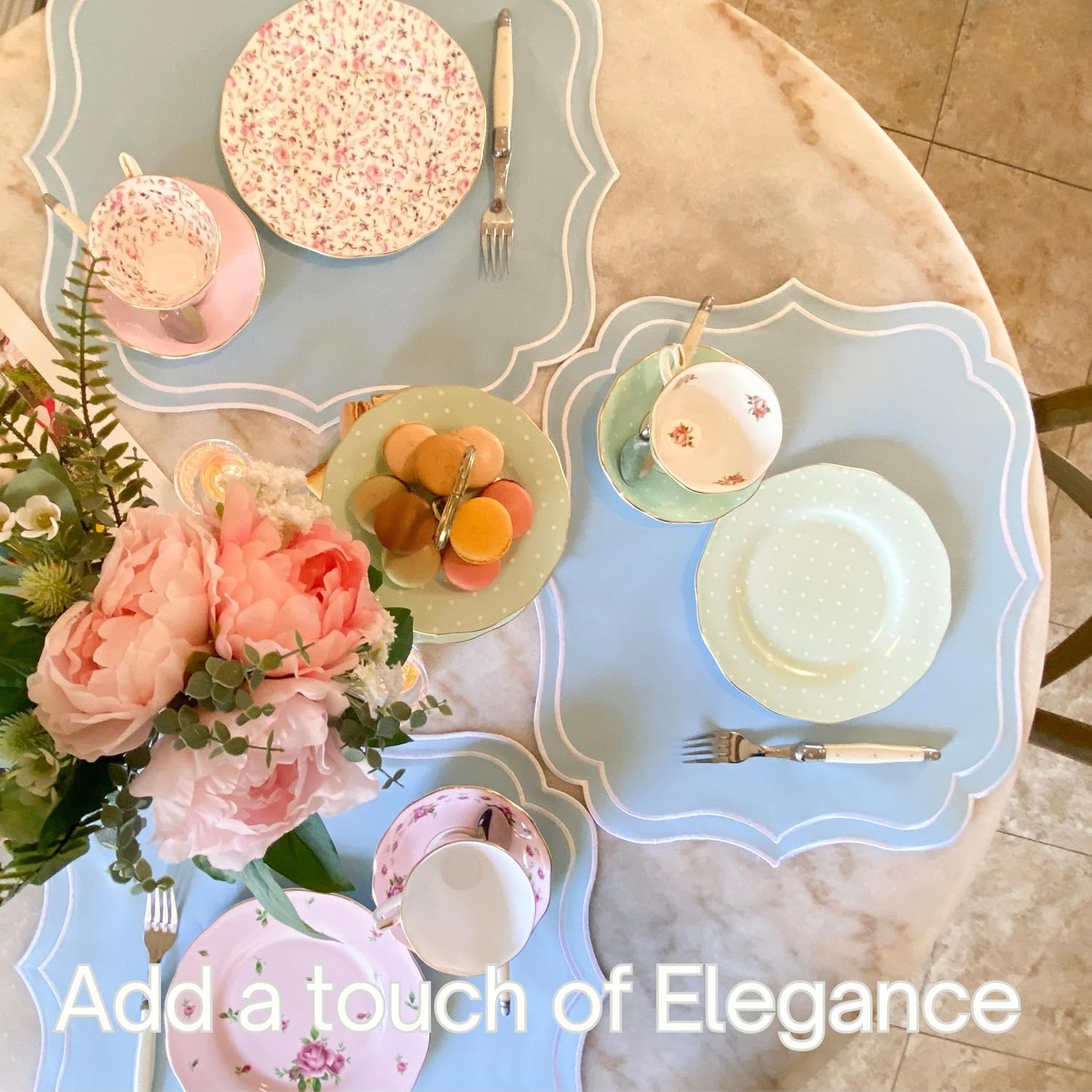 Cotton Linen Placemats Set of 4 - Double Layered, Machine Washable, Wrinkle Resistance, Scalloped & Embroidered Cloth Table Mats - Wedding, Easter Mat, Giftable, 19 x 17 inch, Light Blue