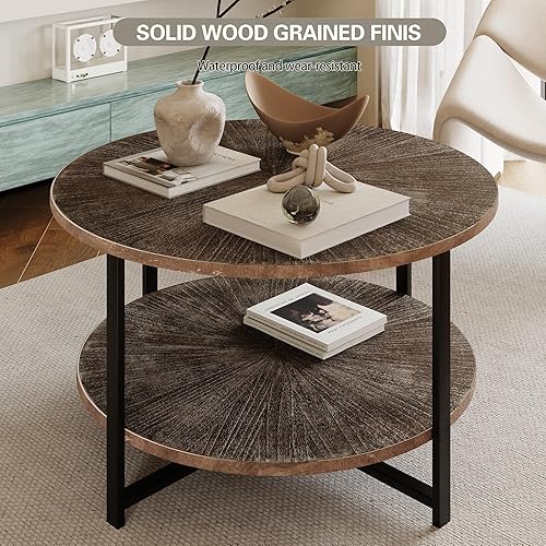 Miniatura 4 de Mesa de centro redonda con almacenamiento, 31.5 pulgadas, mesa central redonda rústica de madera de 2 niveles para sala de estar, mesas de té