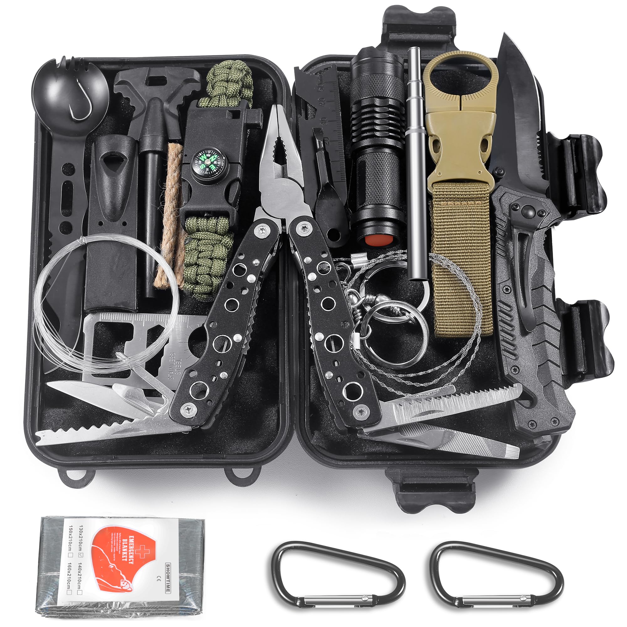 14 en 1 Multifuncional Kit de Supervivencia Bolsa - Profesional Paquete de Herramientas con Manta de Emergencia para Viajar Caminar Acampar al Aire, Montañismo,Senderismo,Caza, Apagón