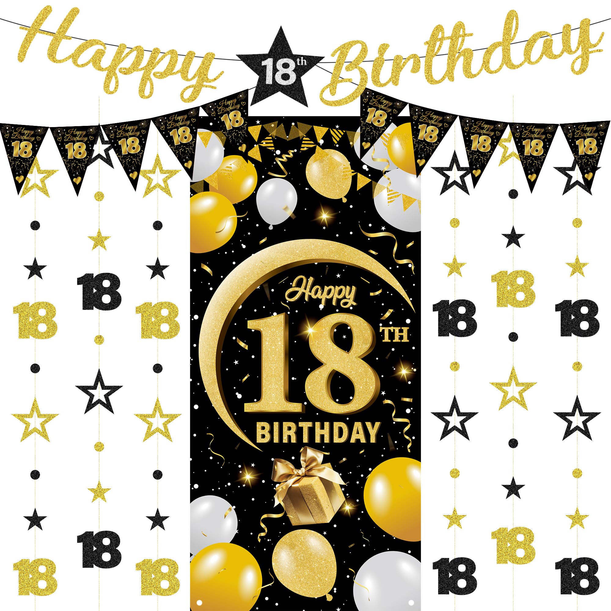 18th Birthday Decorations Banner Set - 9 Pcs Black Gold Happy 18th Birthday Background Banners Triangle Flags Number 18 Circle Dot Twinkle Star Garland for Eighteen Year Old Party Supplies Decor