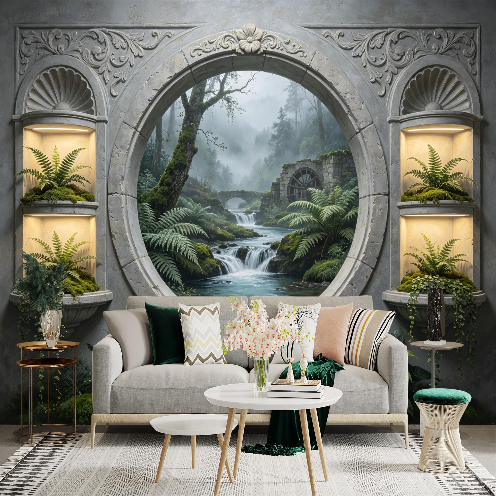Lnzczhyre Dbh260521491 Custom Size Wall Sticker Mural， Misty Forest Landscape， Old Stone Watermill， Cascading Stream， Lush Ferns And Mossy Rocks， For Wall Decoration， Peelandstick Wall Decals.