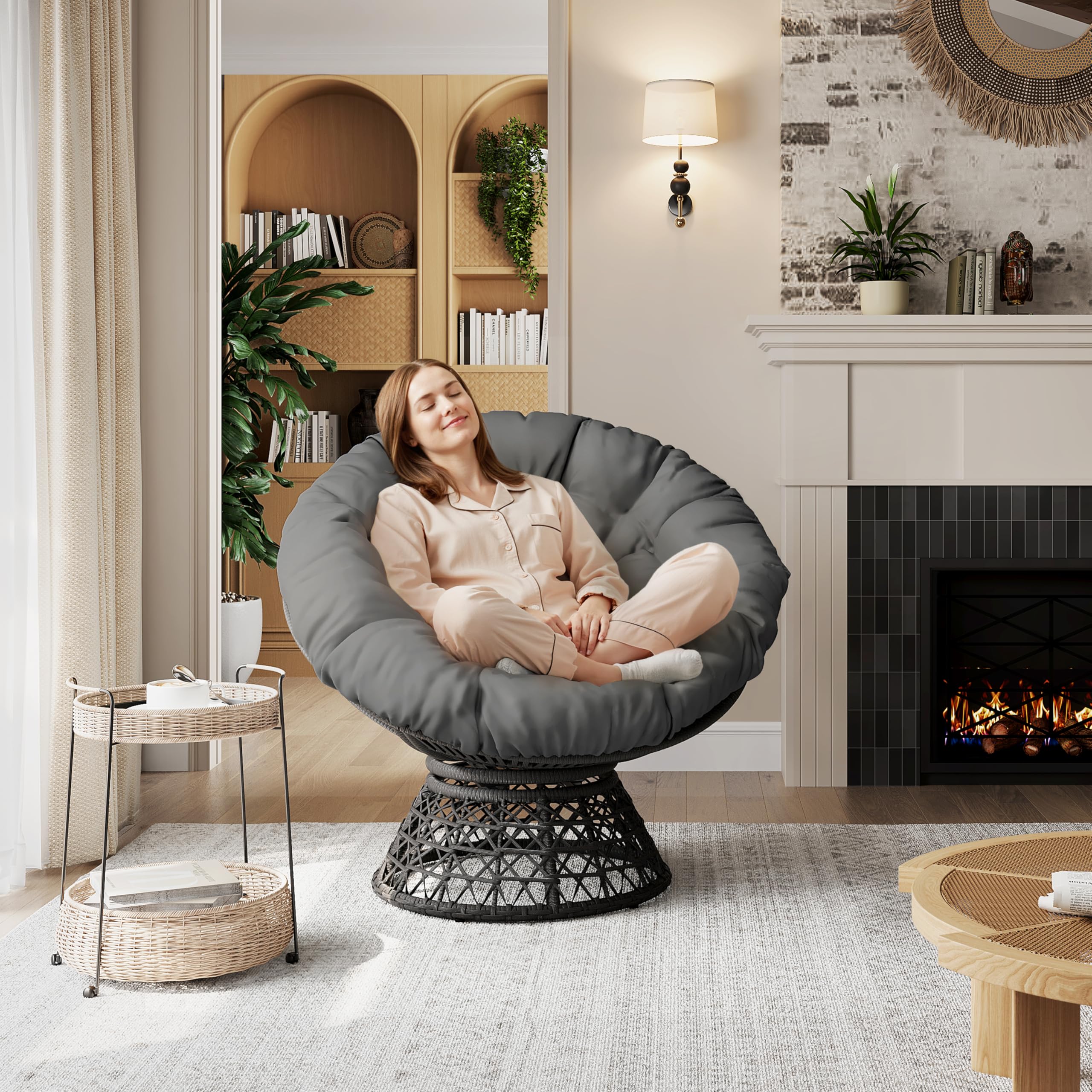 Yaheetech Poltrona da Giardino Girevole 360° Rattan Sedia a Dondolo Rotonda Papasan Cuscino Diametro 120 cm Nero Grigio